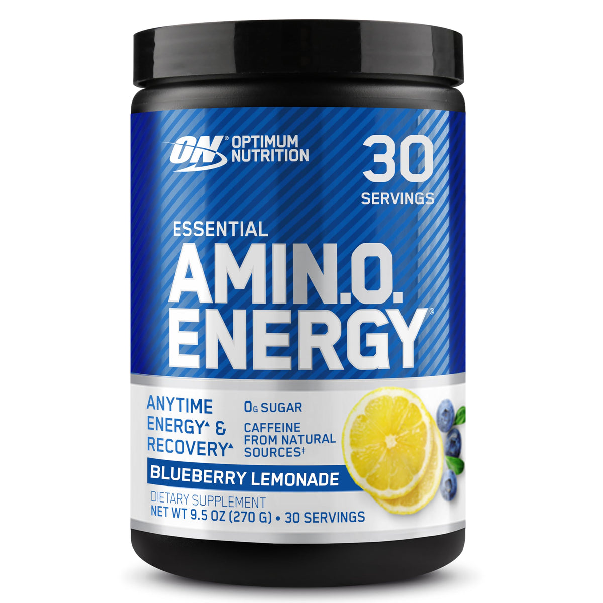 Optimum Nutrition frasco frontal mostrando diseño y sabor Blueberry Lemonade, confianza de fabricación