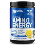 Optimum Nutrition frasco frontal mostrando diseño y sabor Blueberry Lemonade, confianza de fabricación