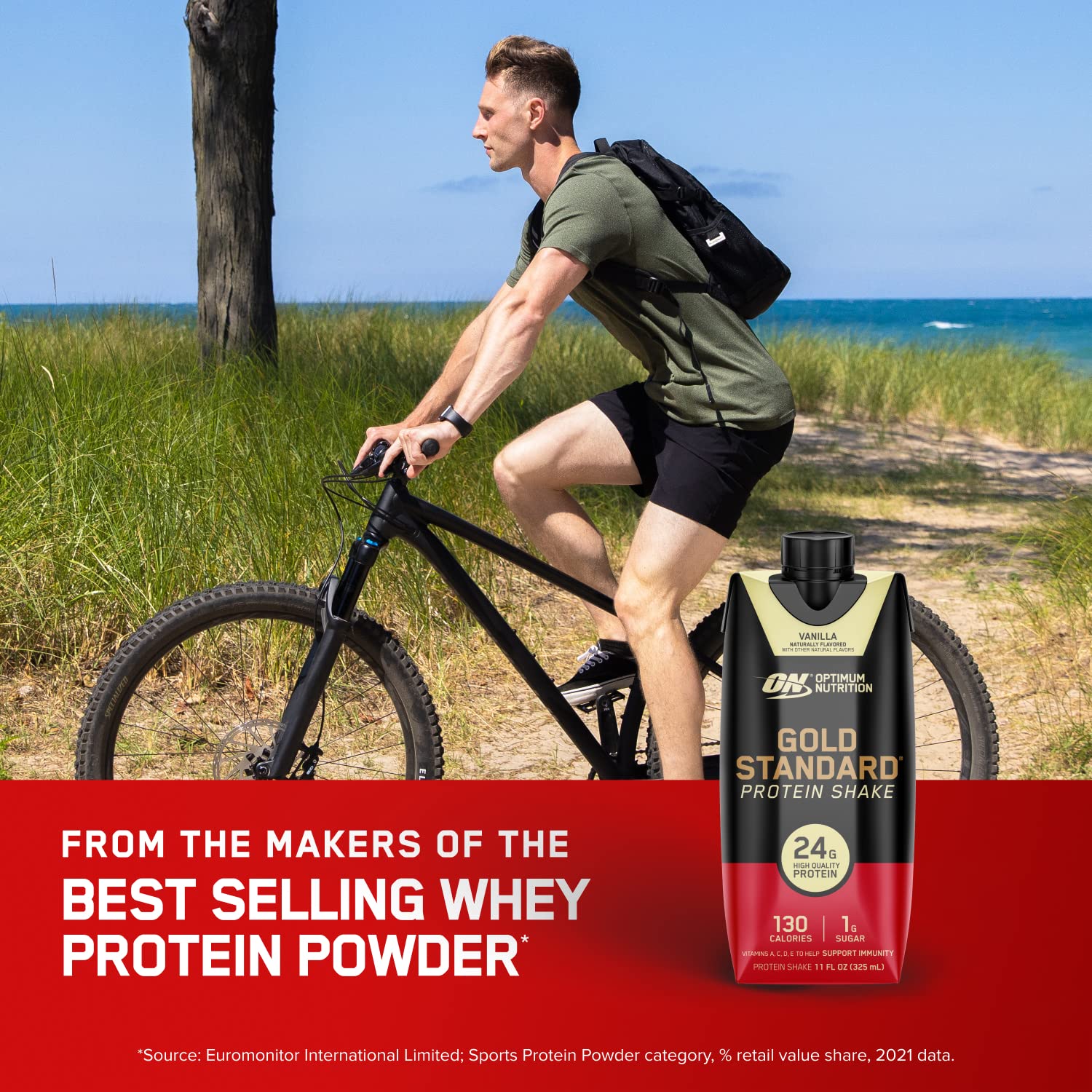 Optimum Nutrition batido junto a fruta y equipo, apoyo a rutinas activas