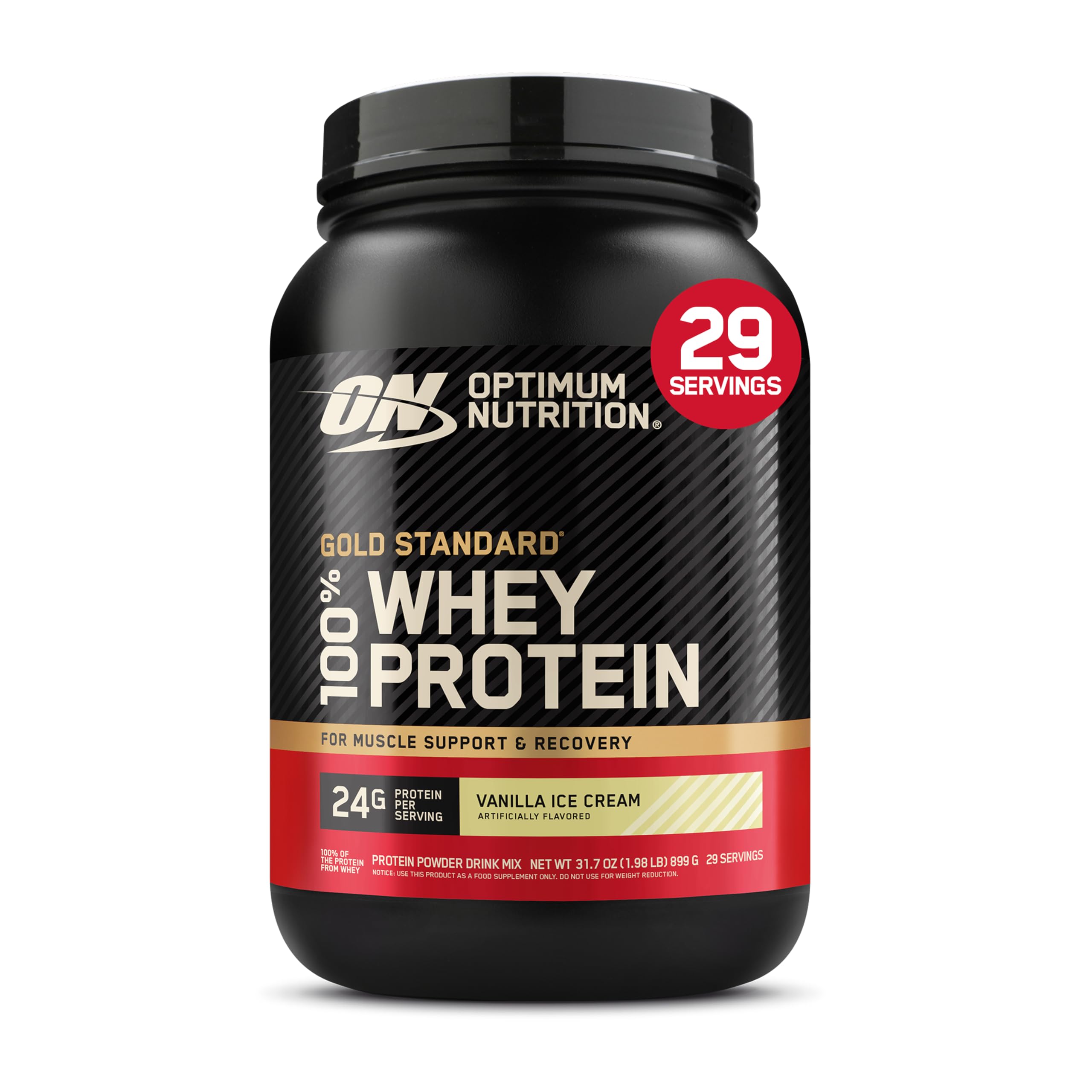 Optimum Nutrition bote frontal mostrando el sabor Vainilla Ice Cream y beneficio práctico