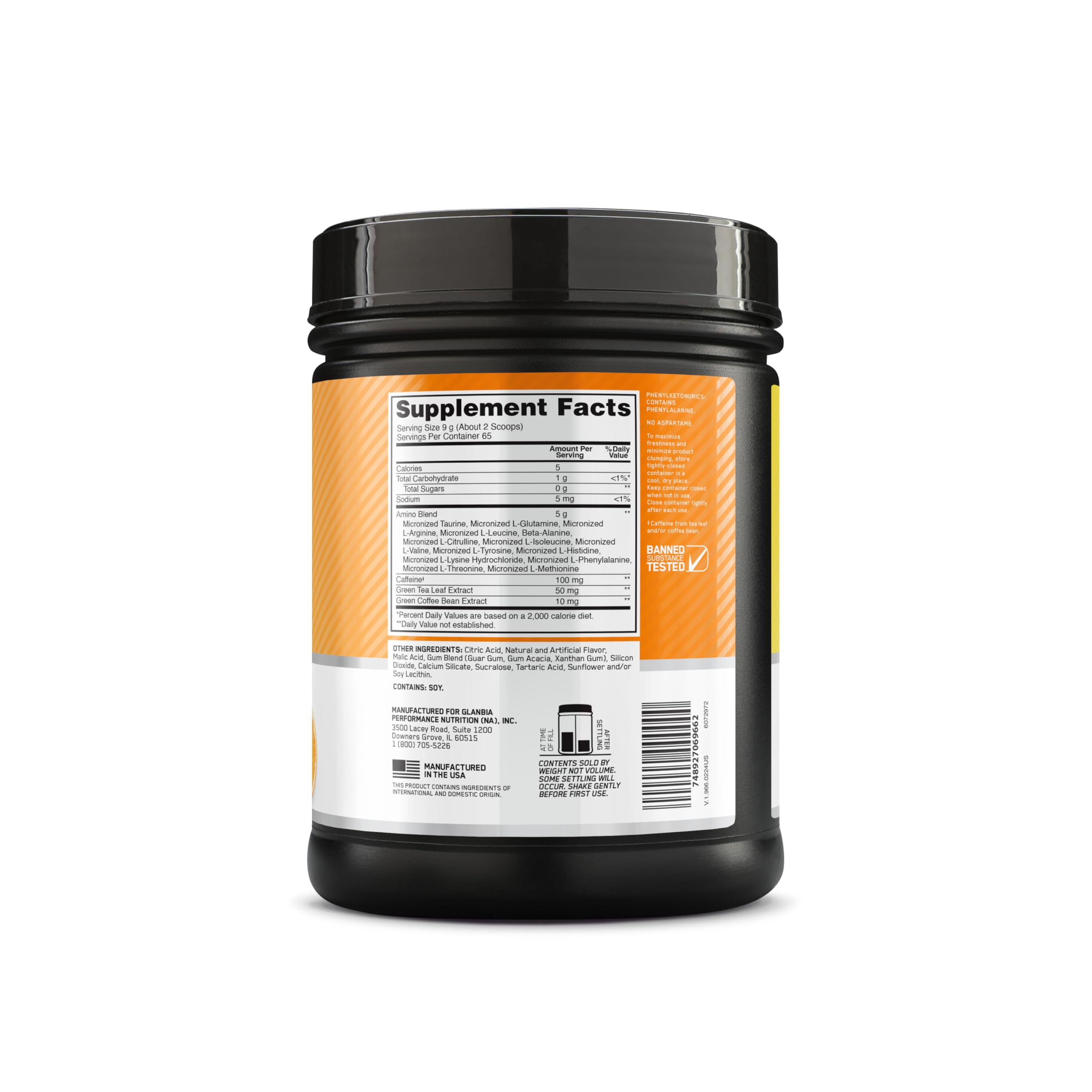 Optimum Nutrition envase abierto con polvo Citrus Spritz lista para mezclar