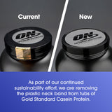 Optimum Nutrition envase junto a mano para comparar tamaño y cantidad de porciones