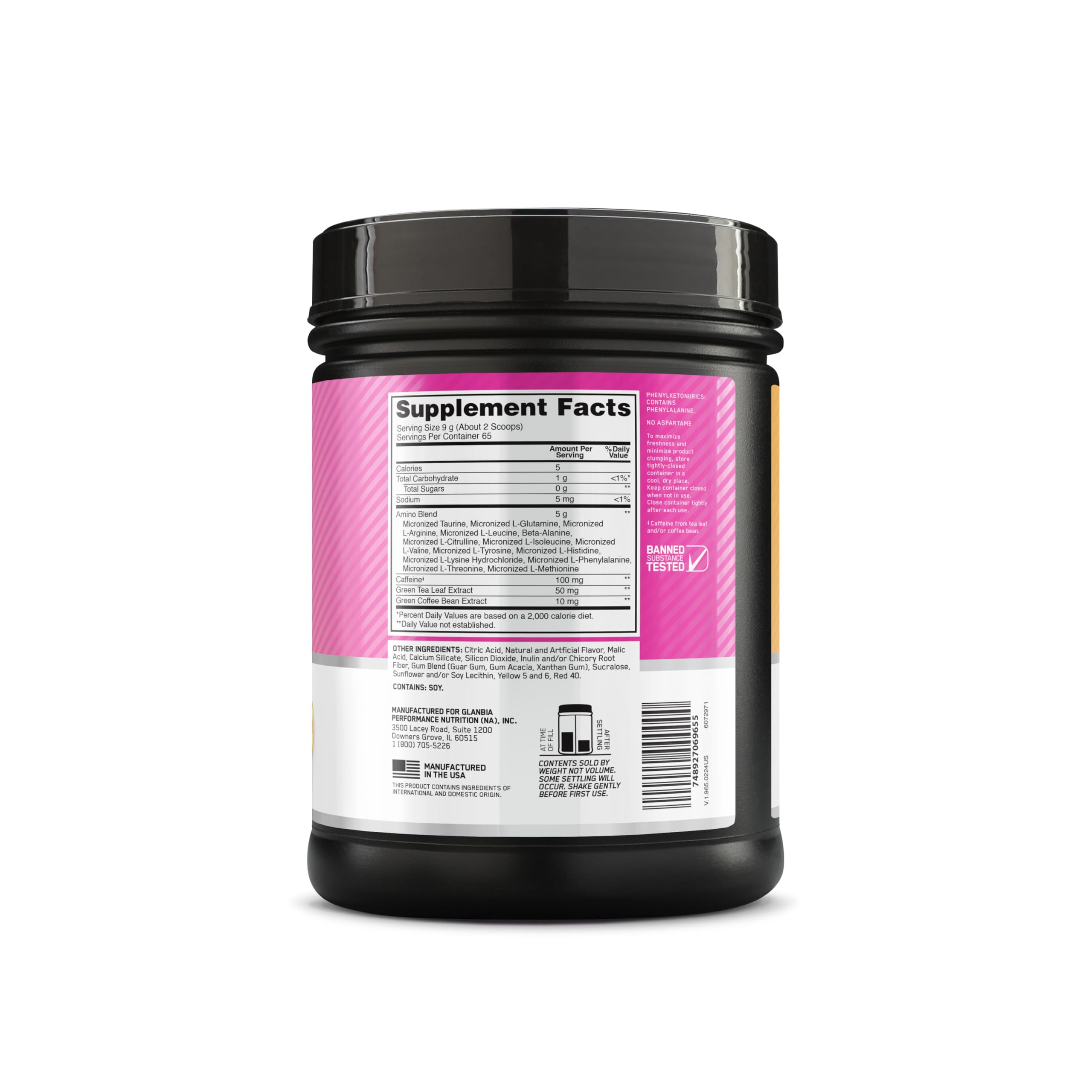 Optimum Nutrition envase 1 lb junto a botella para comparar tamaño y duración
