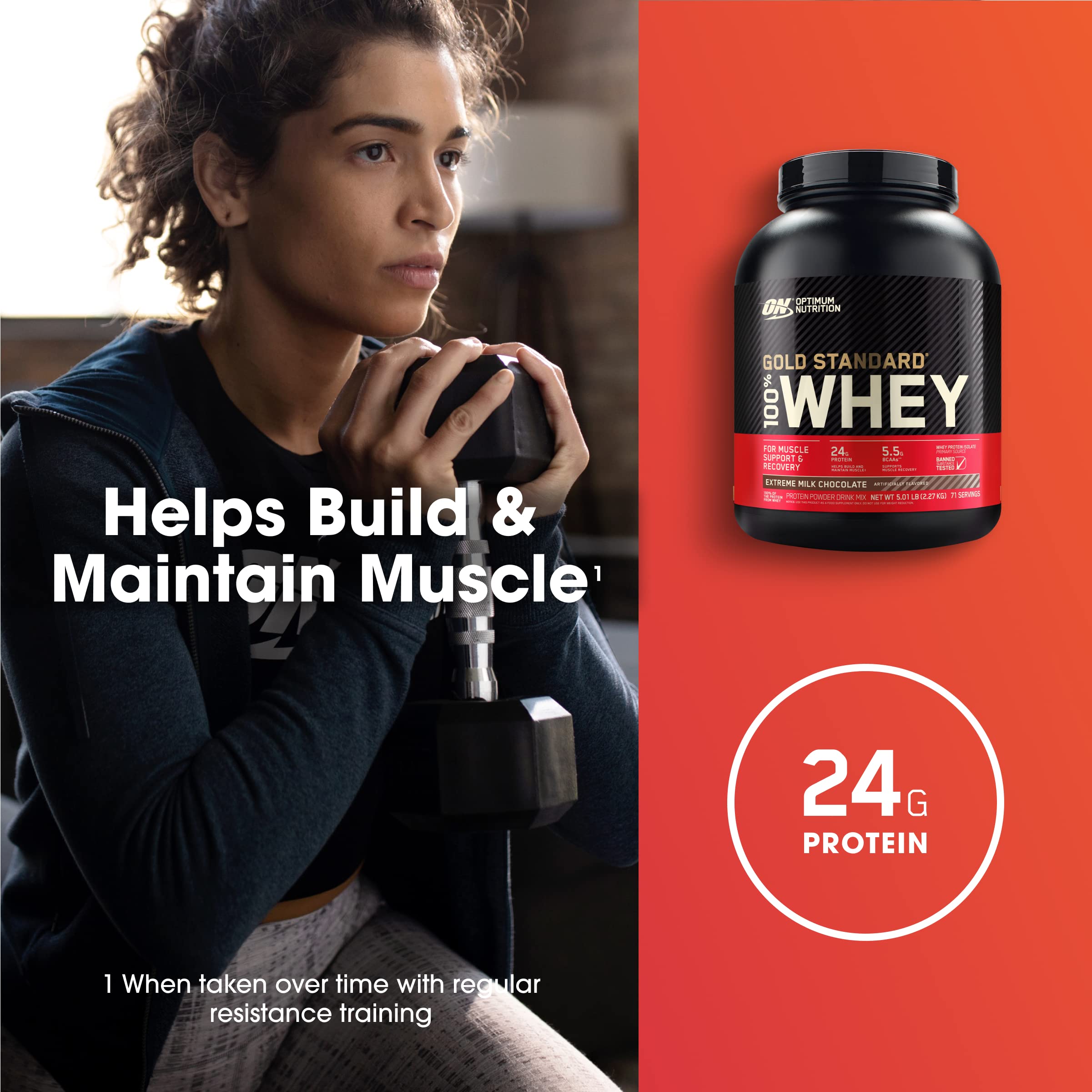 Comparación de escala del envase de 5 libras de Optimum Nutrition para ahorro por porción