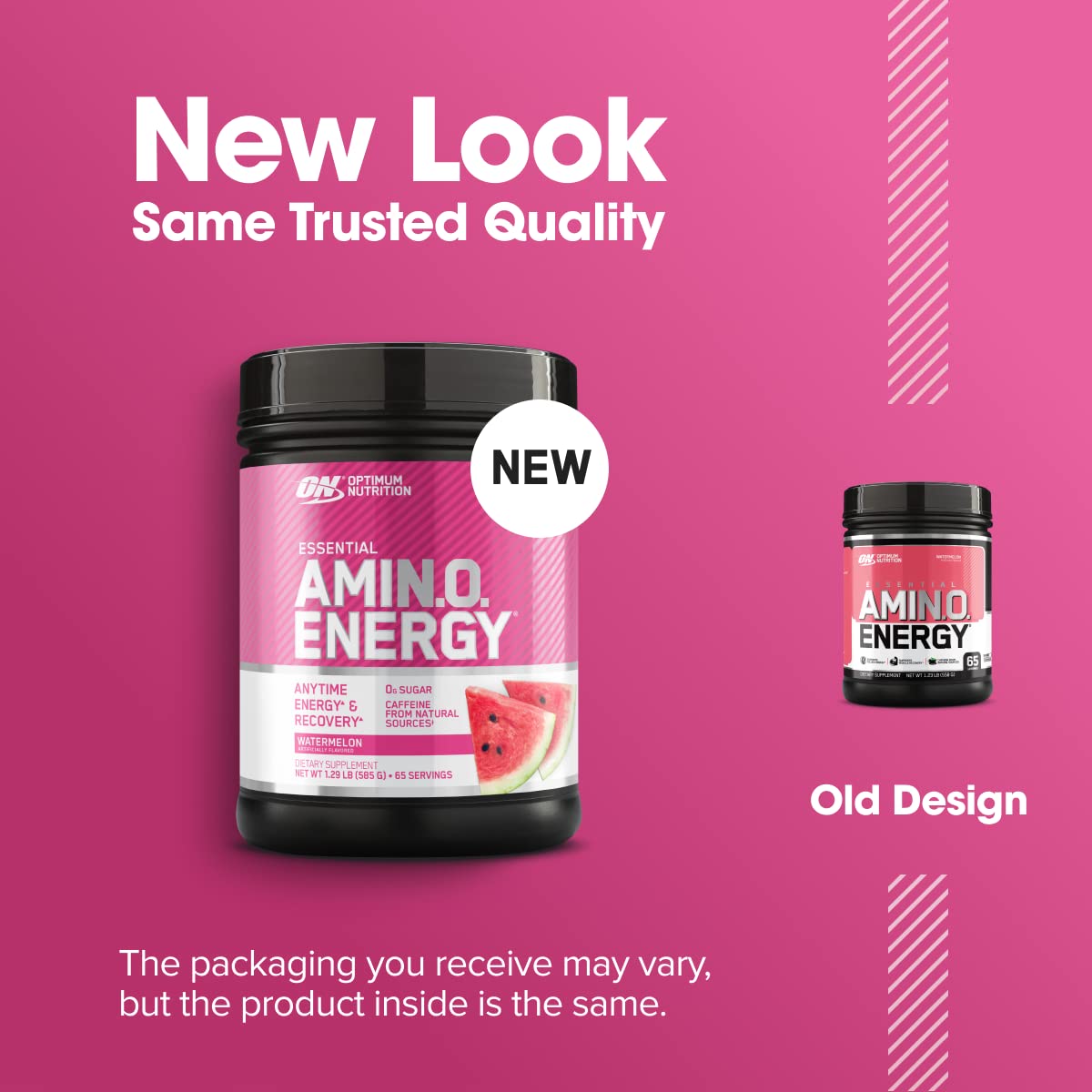 Optimum Nutrition comparación de tamaño con mano, indica 65 servicios por envase