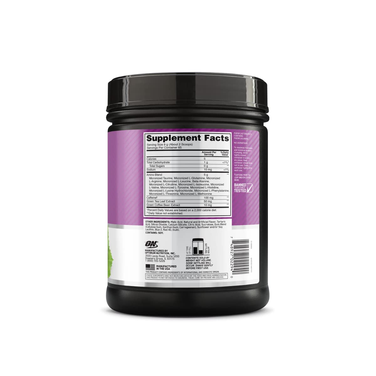 Optimum Nutrition envase junto a una manzana para comparar tamaño y porción