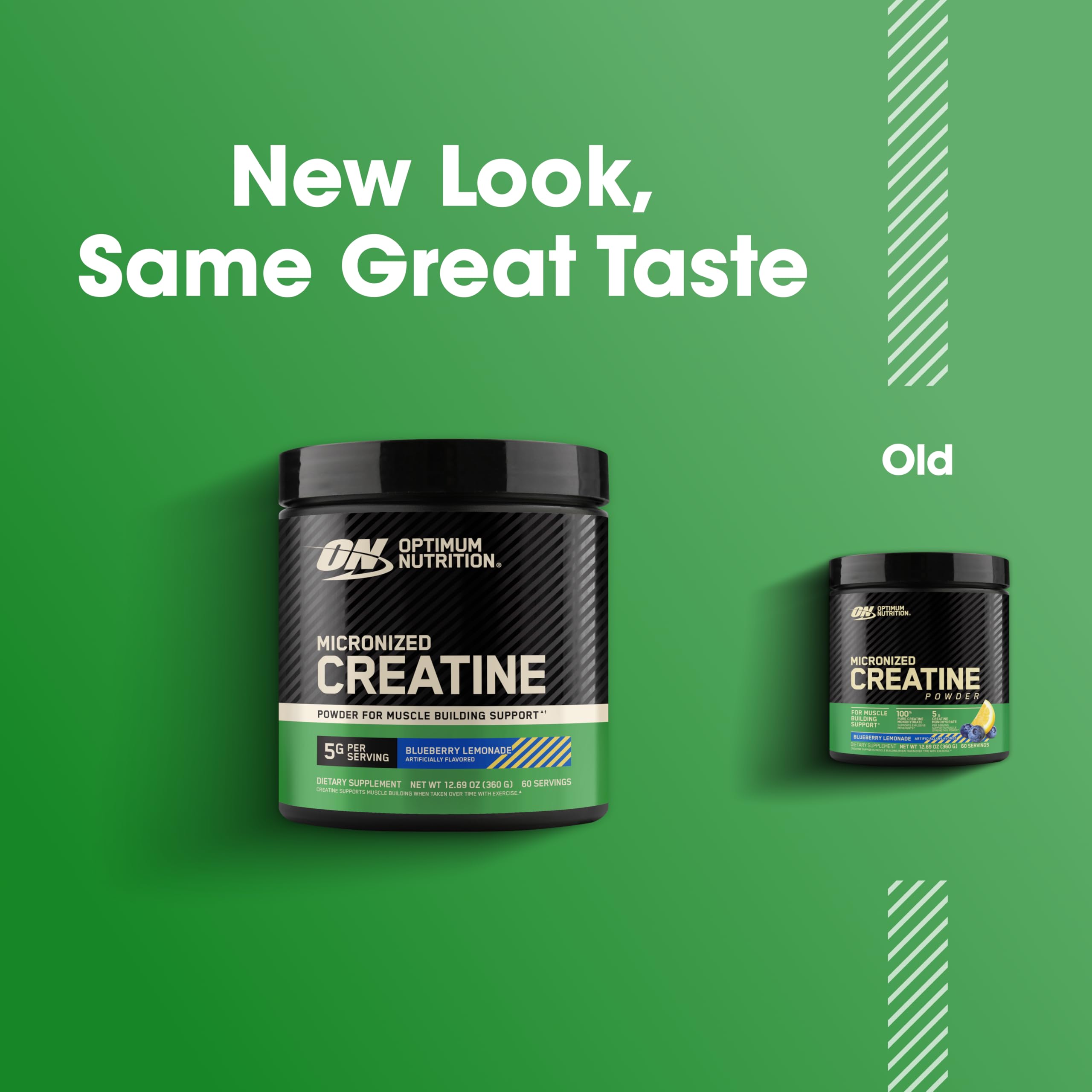 Optimum Nutrition envase junto a objetos cotidianos para comparar tamaño