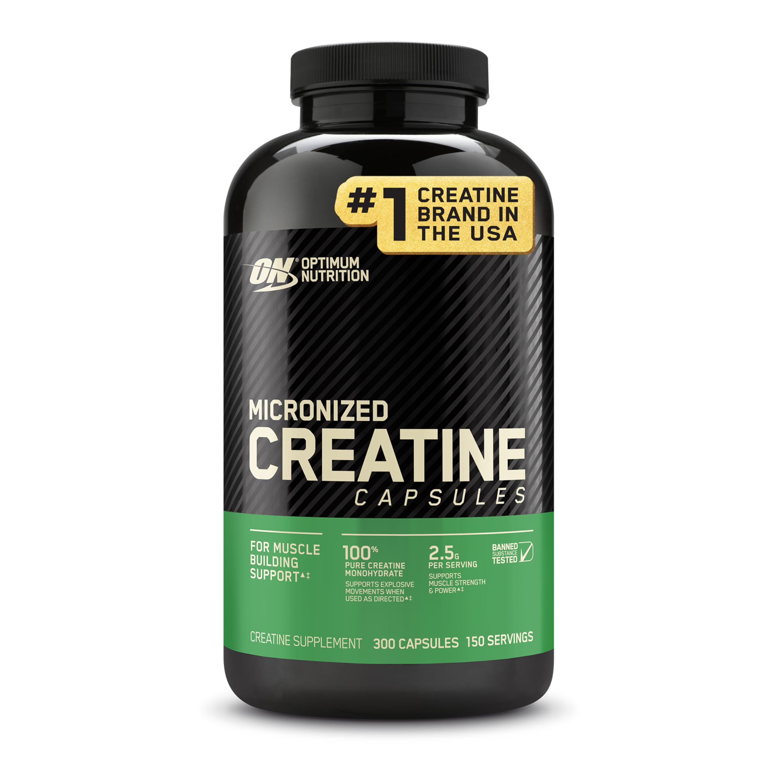 Optimum Nutrition envase frontal que muestra 300 cápsulas y ventaja 150 dosis