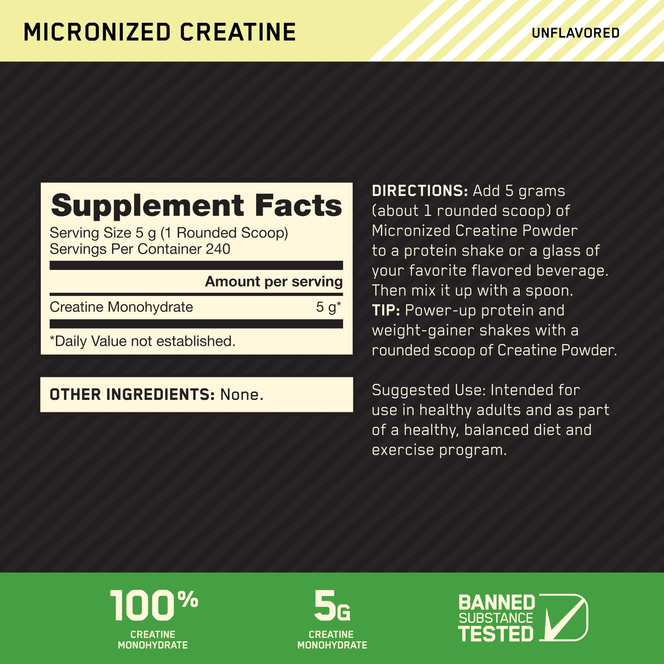 Optimum Nutrition tarro abierto con polvo blanco micronizado, visual de pureza