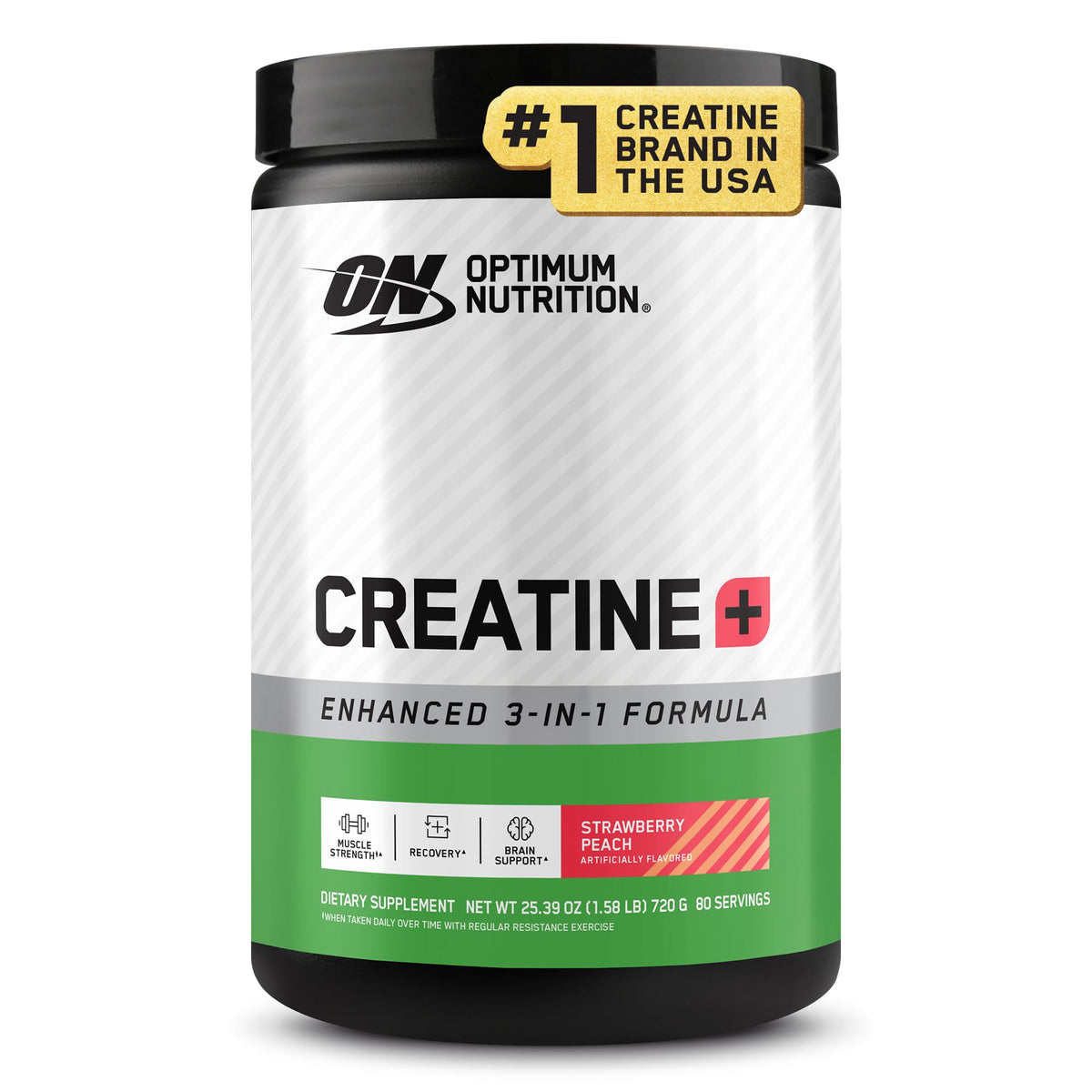 Optimum Nutrition envase frontal mostrando creatina y beneficios rápidos