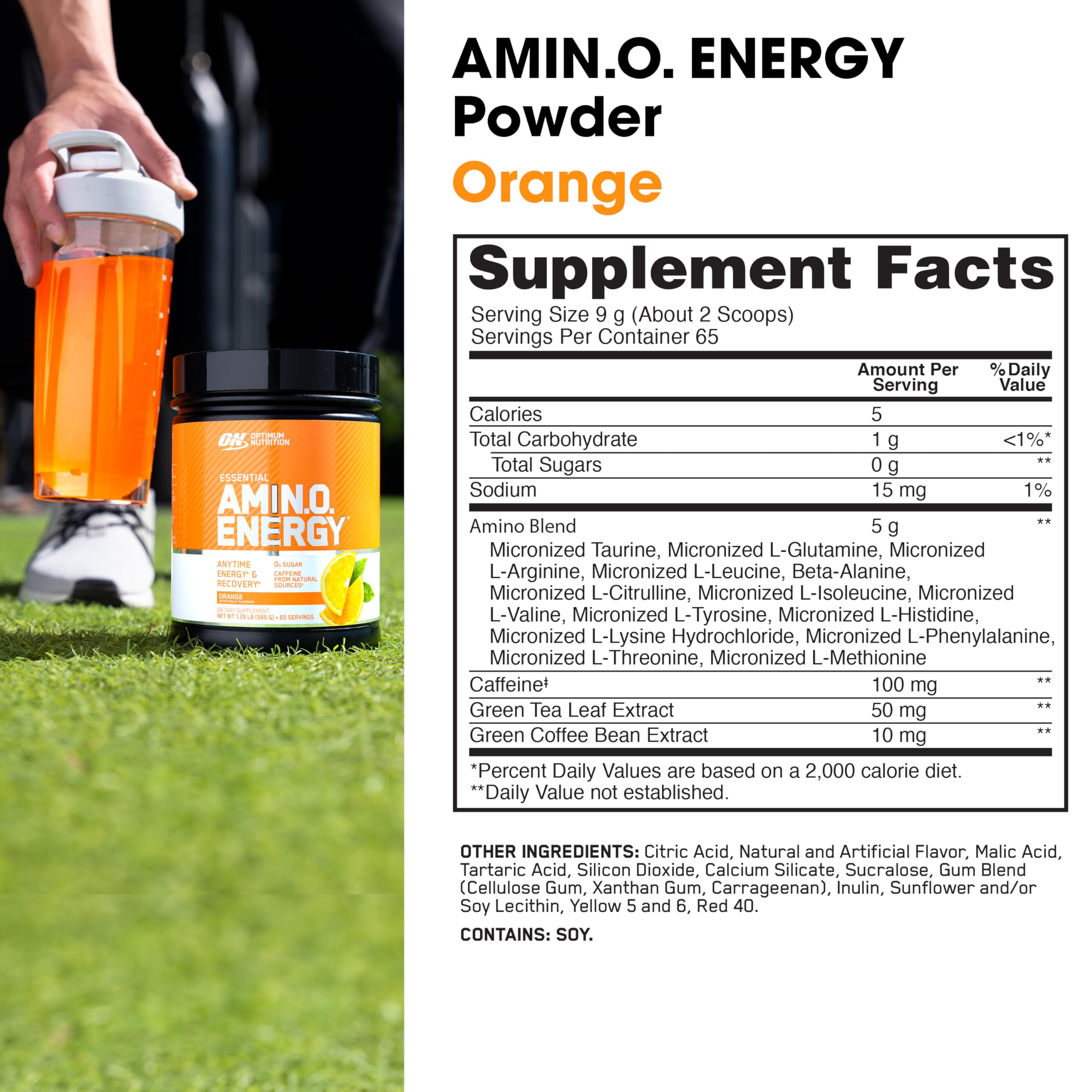 Etiqueta Optimum Nutrition con lista de aminoácidos y blend energético visible