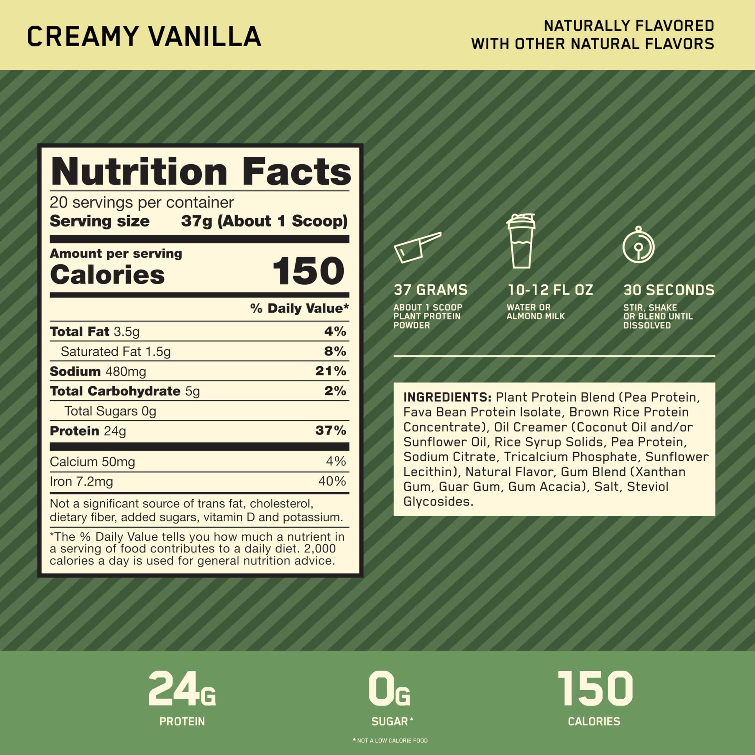 Optimum Nutrition detalle de etiqueta con ingredientes y datos nutricionales legibles