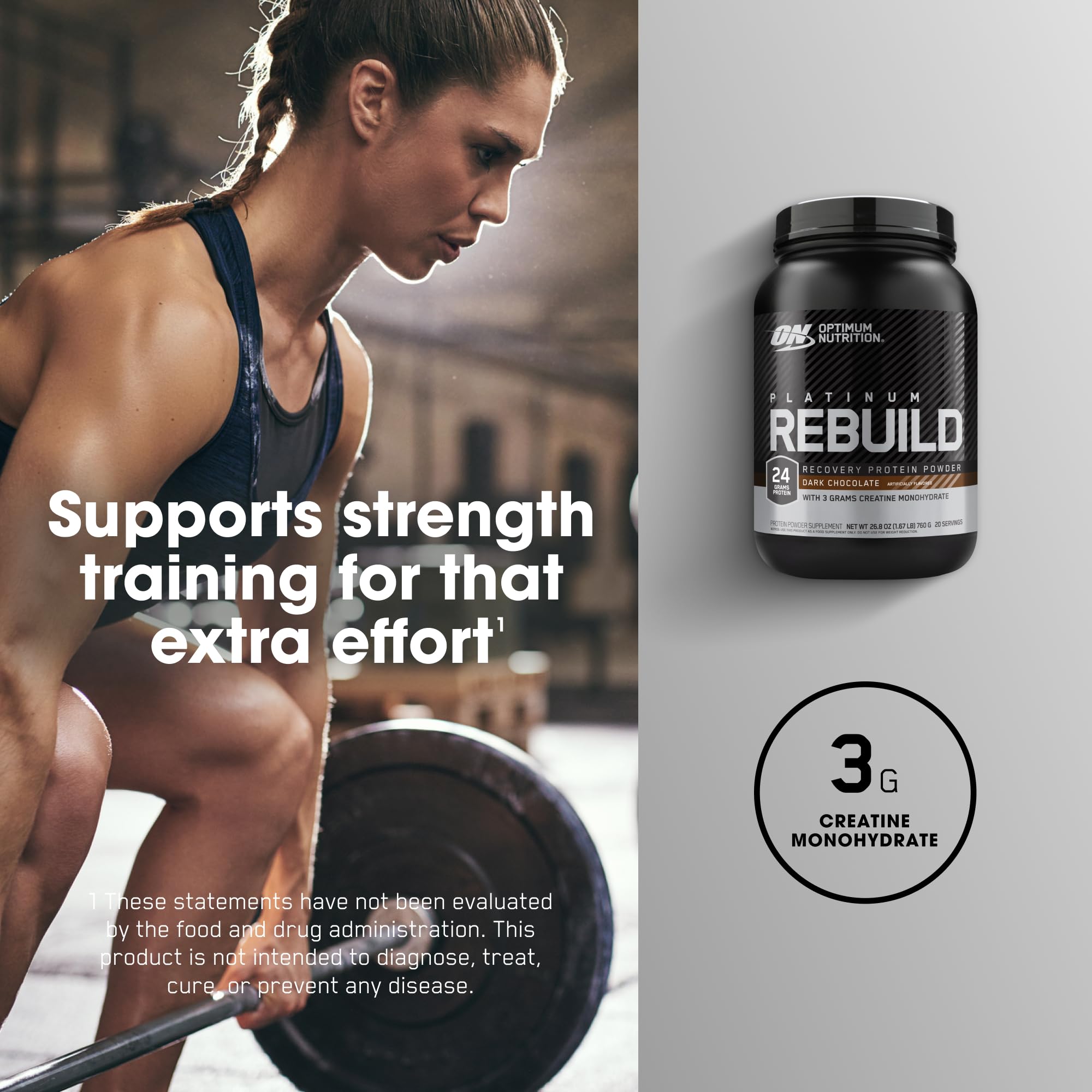 Optimum Nutrition primer plano de etiqueta con ingredientes clave y beneficios claros