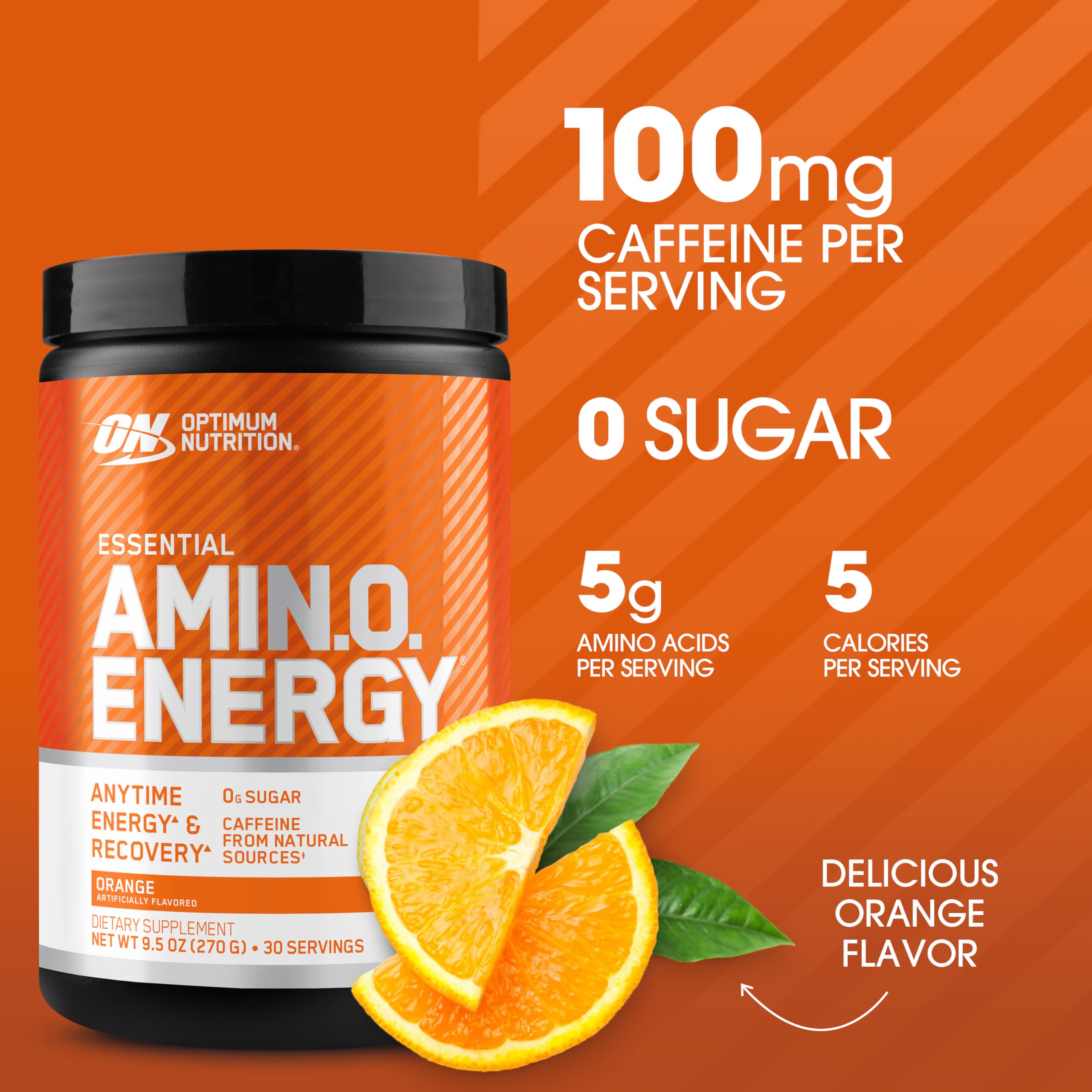 Optimum Nutrition primer plano del polvo naranja, textura fina que facilita disolución