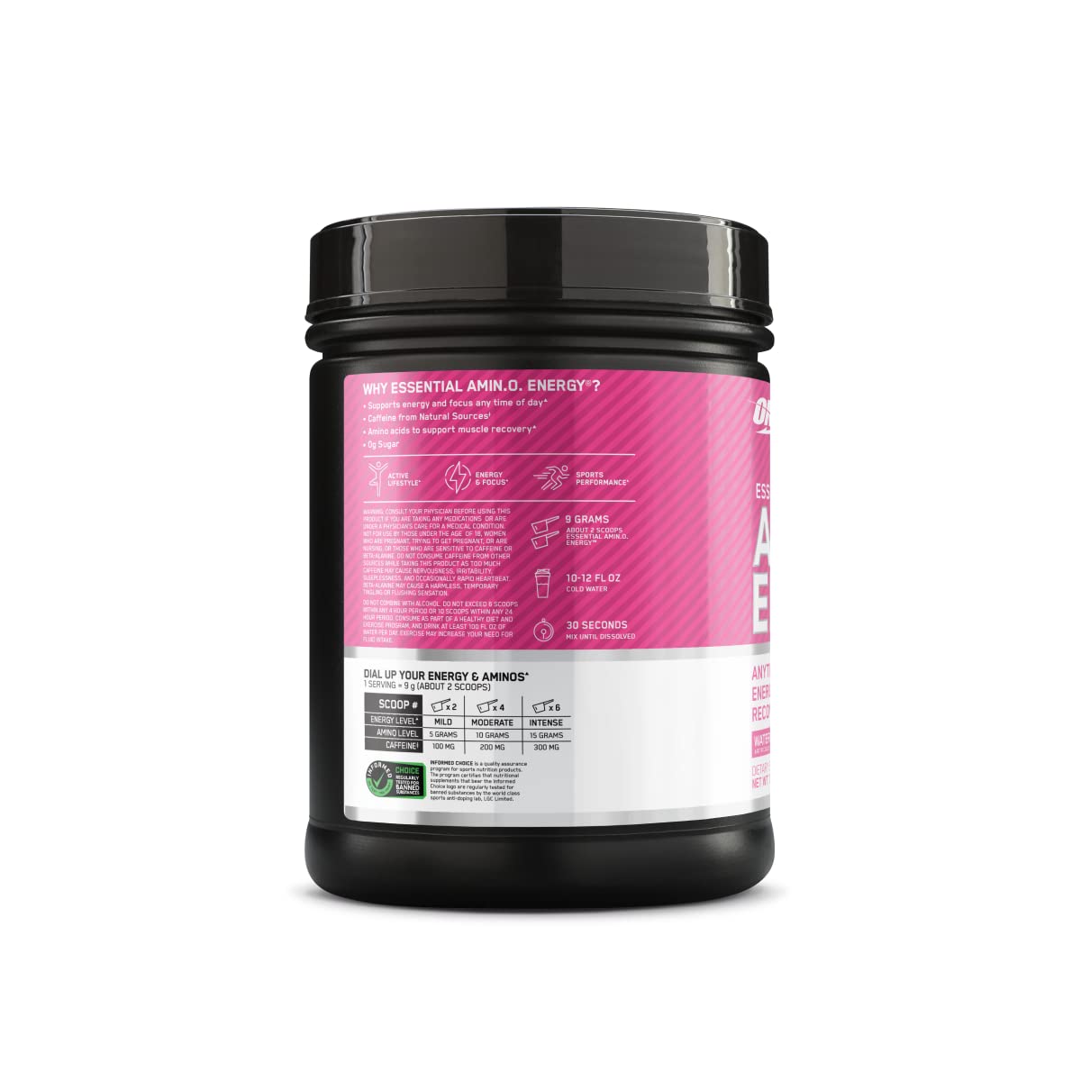 Optimum Nutrition vista lateral del envase con información de servicio y advertencias
