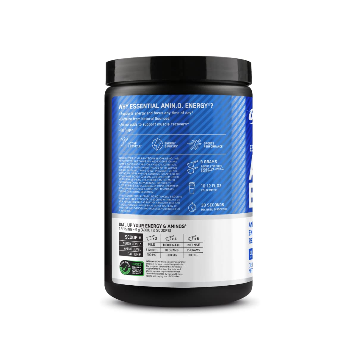 Optimum Nutrition envase junto a arándanos y limón final, sabor natural y presentación atractiva