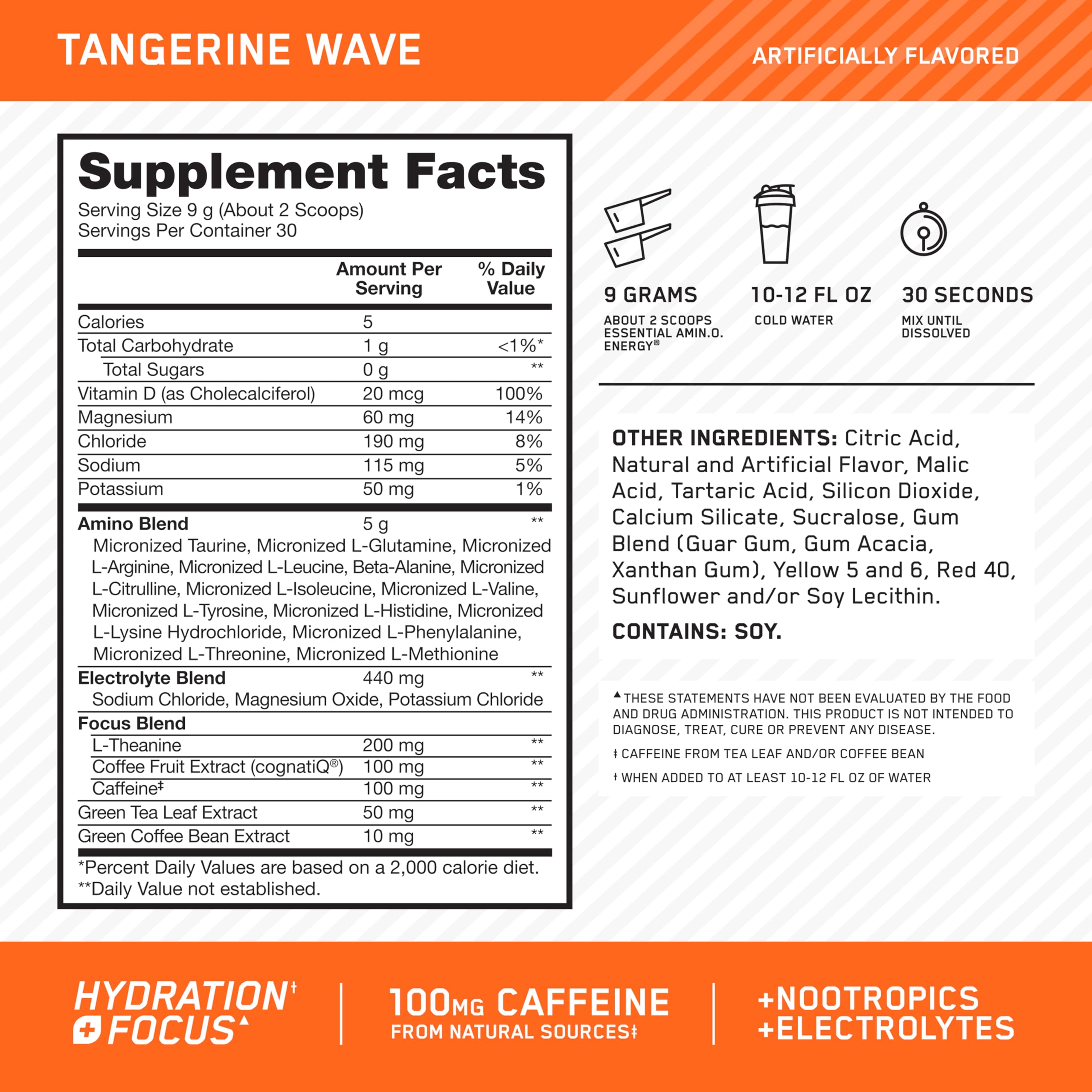 Optimum Nutrition polvo naranja abierto mostrando textura fina y fácil disolución