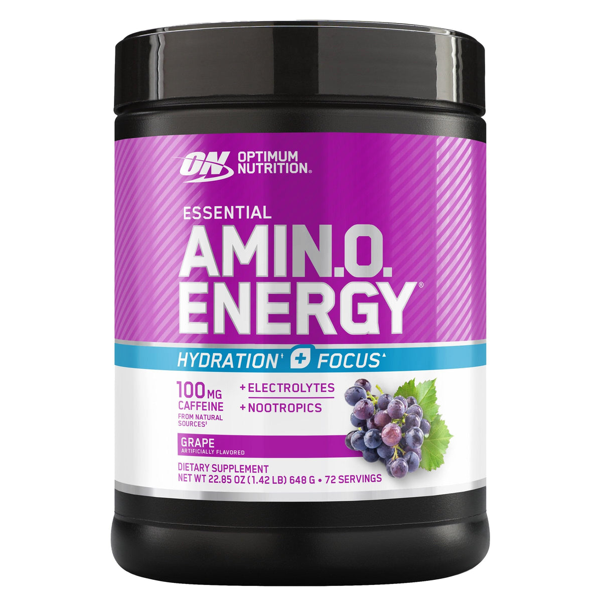 Optimum Nutrition envase frontal sabor uva mostrando diseño y beneficios