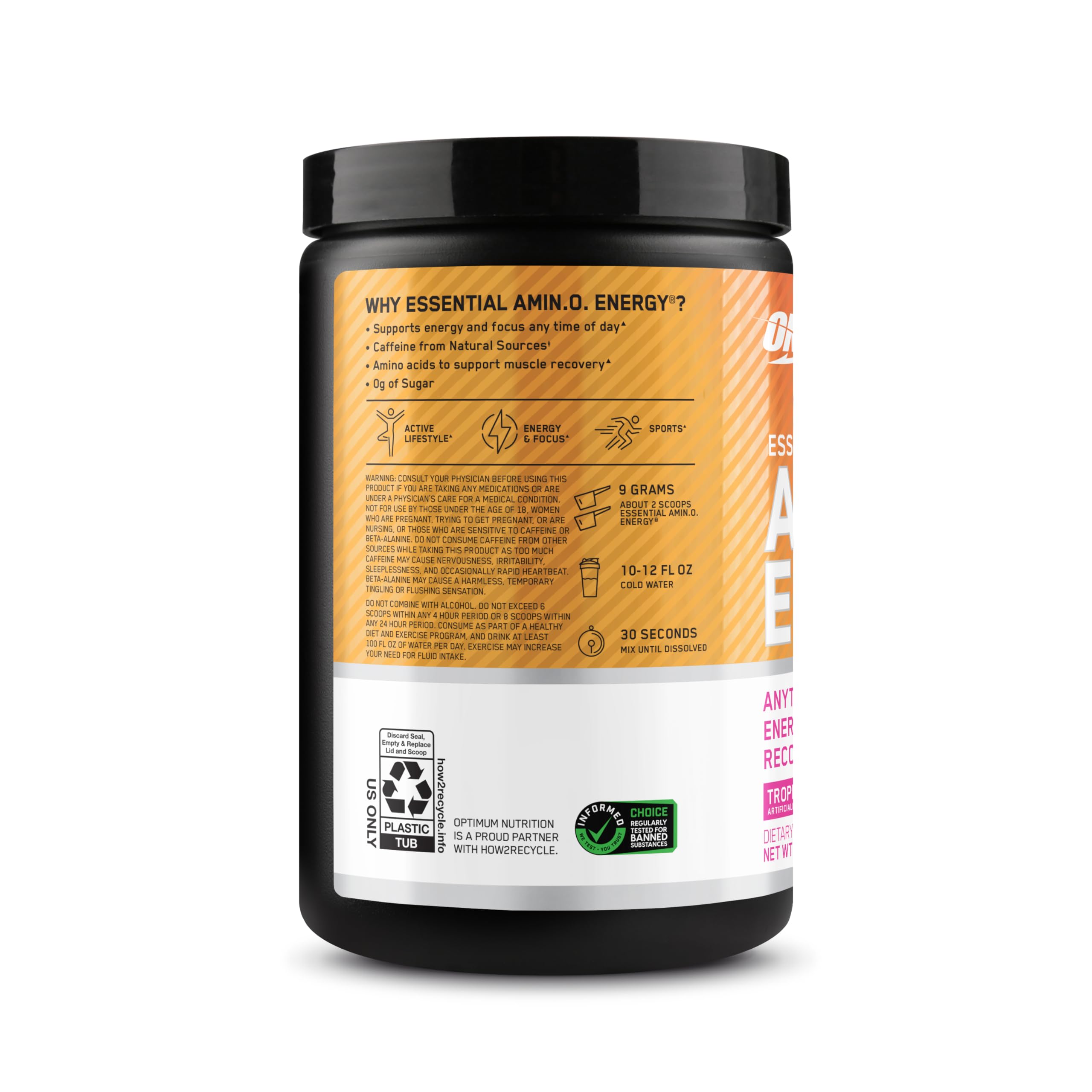 Optimum Nutrition envase junto a ingredientes listos para consumo diario
