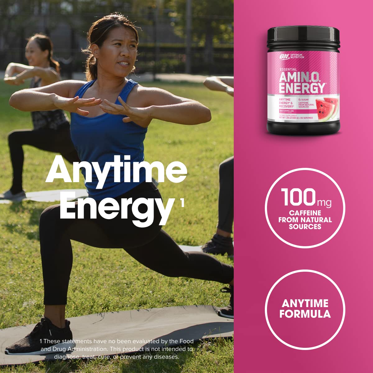 Optimum Nutrition etiqueta de ingredientes, resalta aminoácidos, cafeína y extractos naturales
