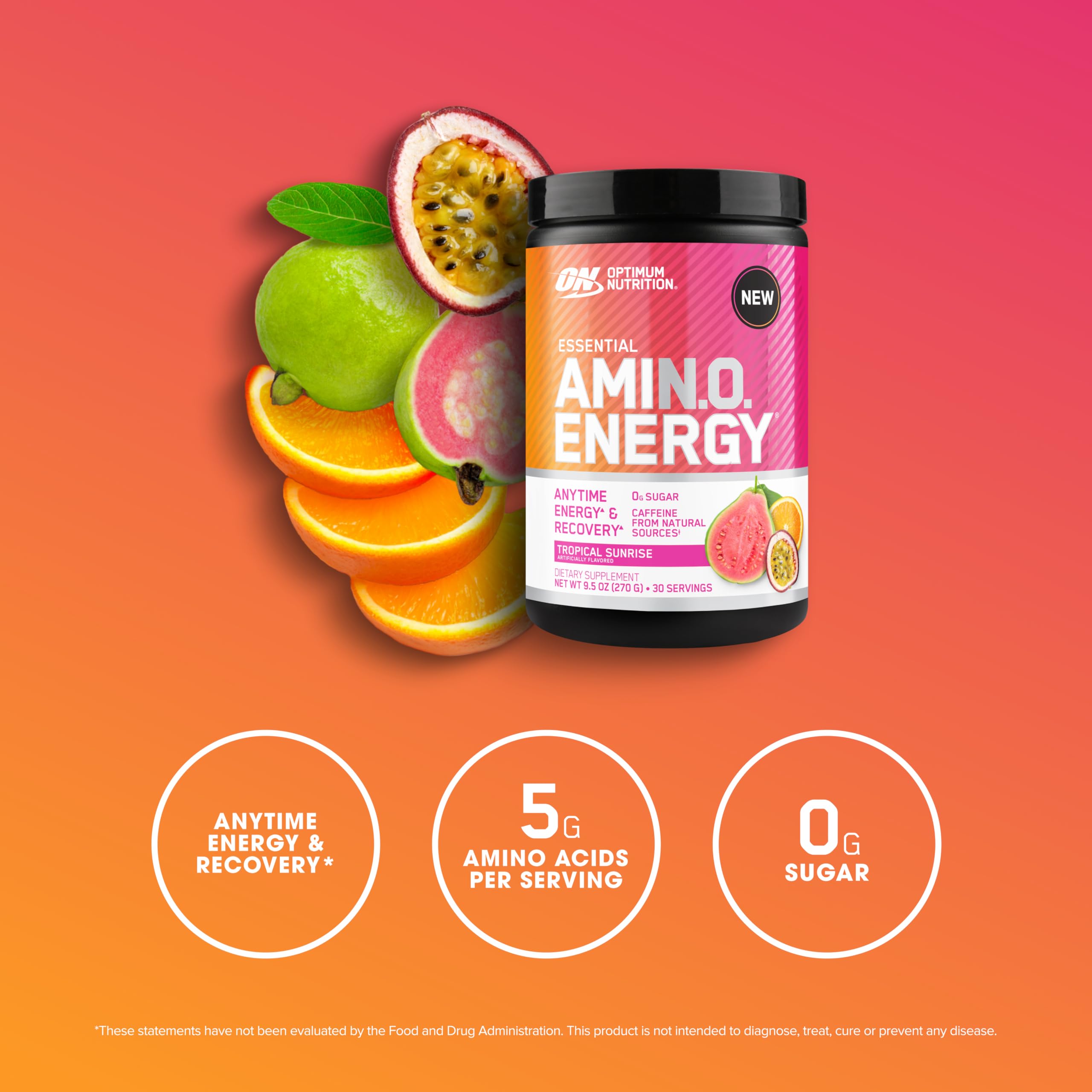 Optimum Nutrition etiqueta nutricional destacando aminoácidos y 100 mg de cafeína