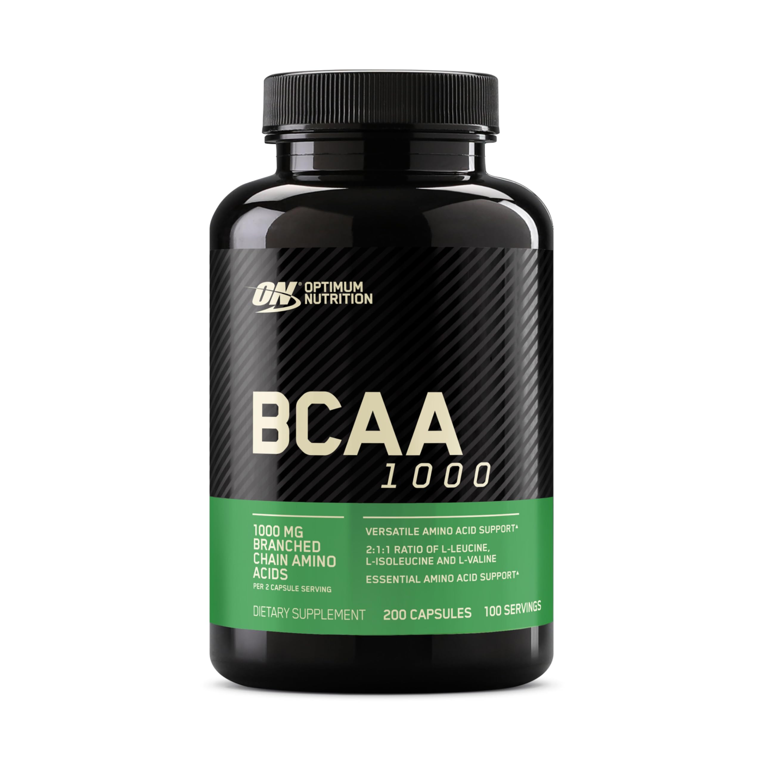 Optimum Nutrition frasco frontal mostrando 200 cápsulas y conveniencia