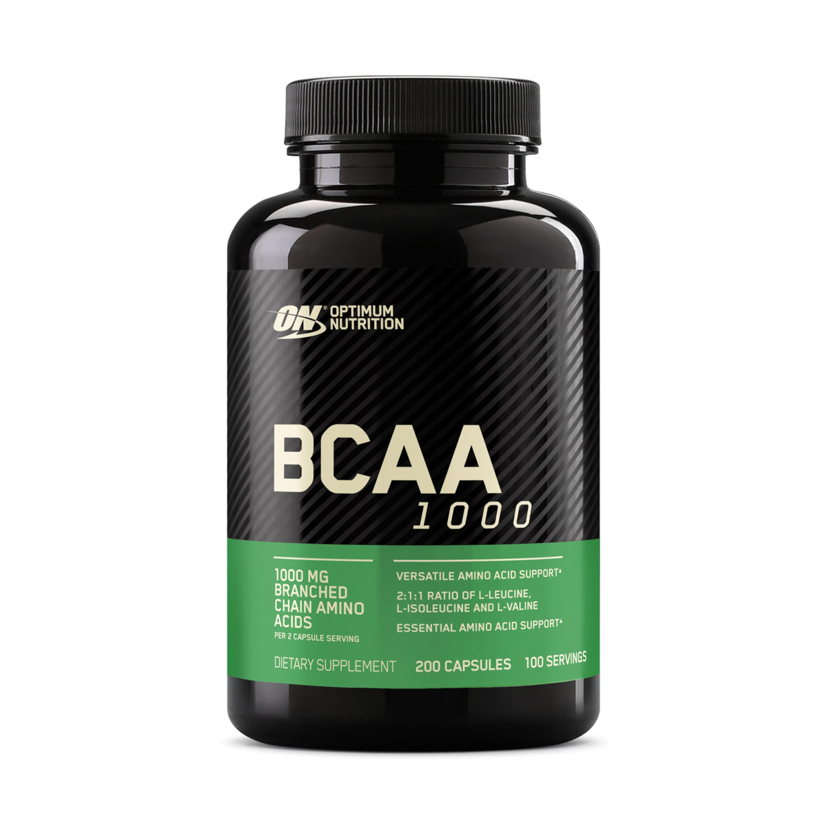 Optimum Nutrition frasco frontal mostrando 200 cápsulas y conveniencia