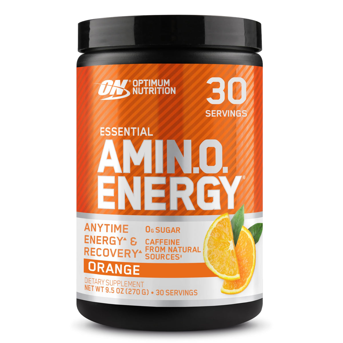 Optimum Nutrition frente del envase naranja mostrando la marca y sabor, conveniencia