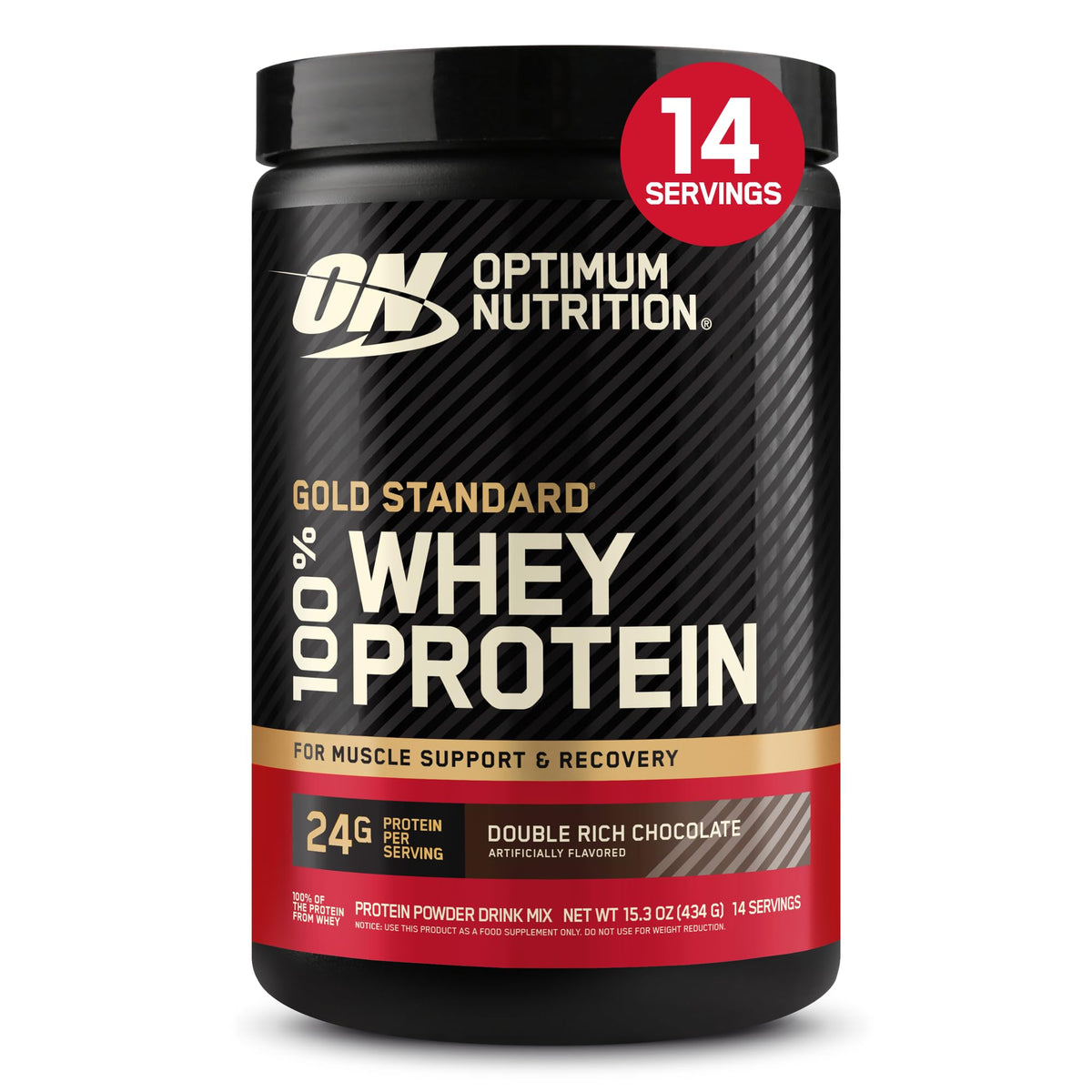 Optimum Nutrition frasco frente mostrando etiqueta y beneficio de proteína clara