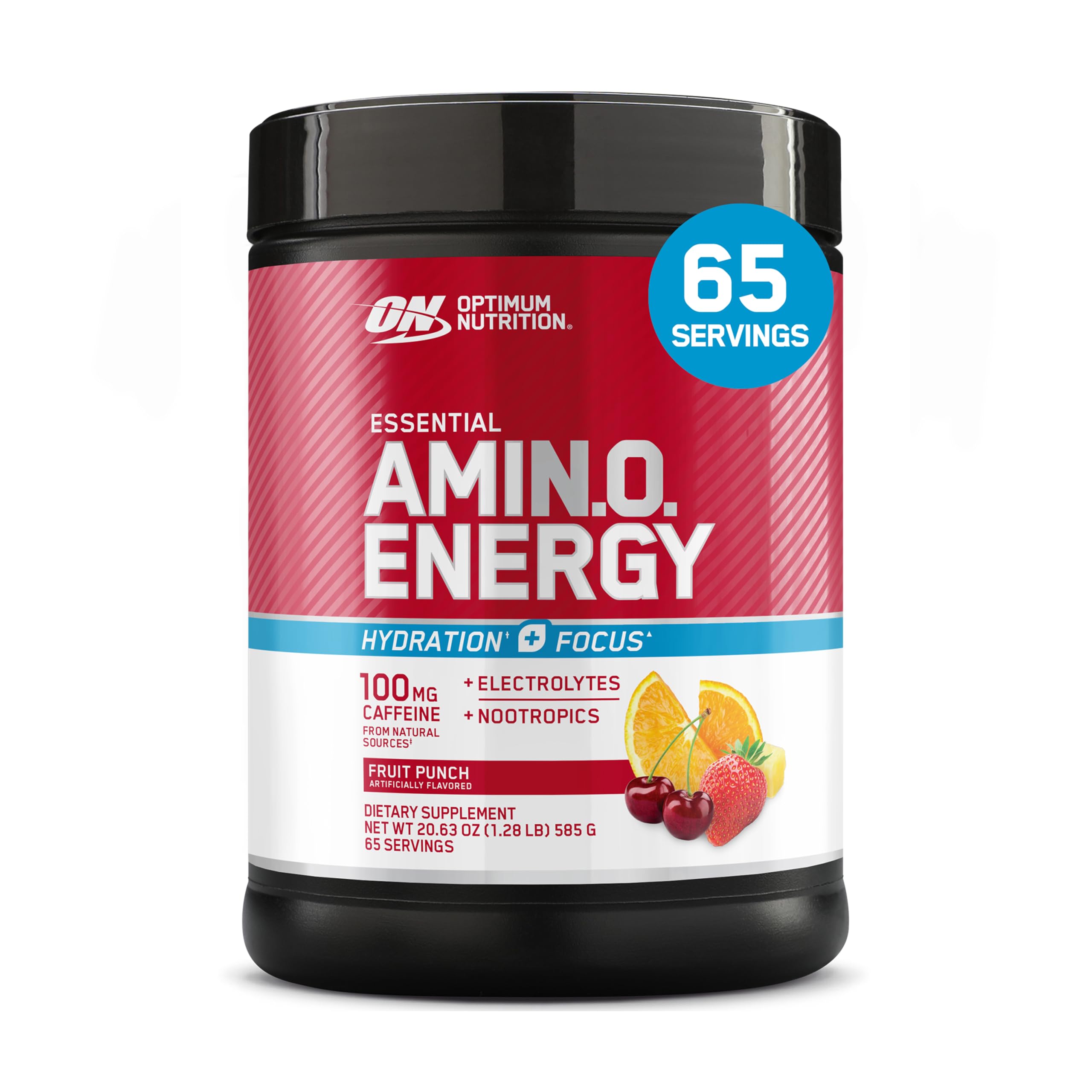 Optimum Nutrition frente del envase mostrando sabor Fruit Punch y beneficios