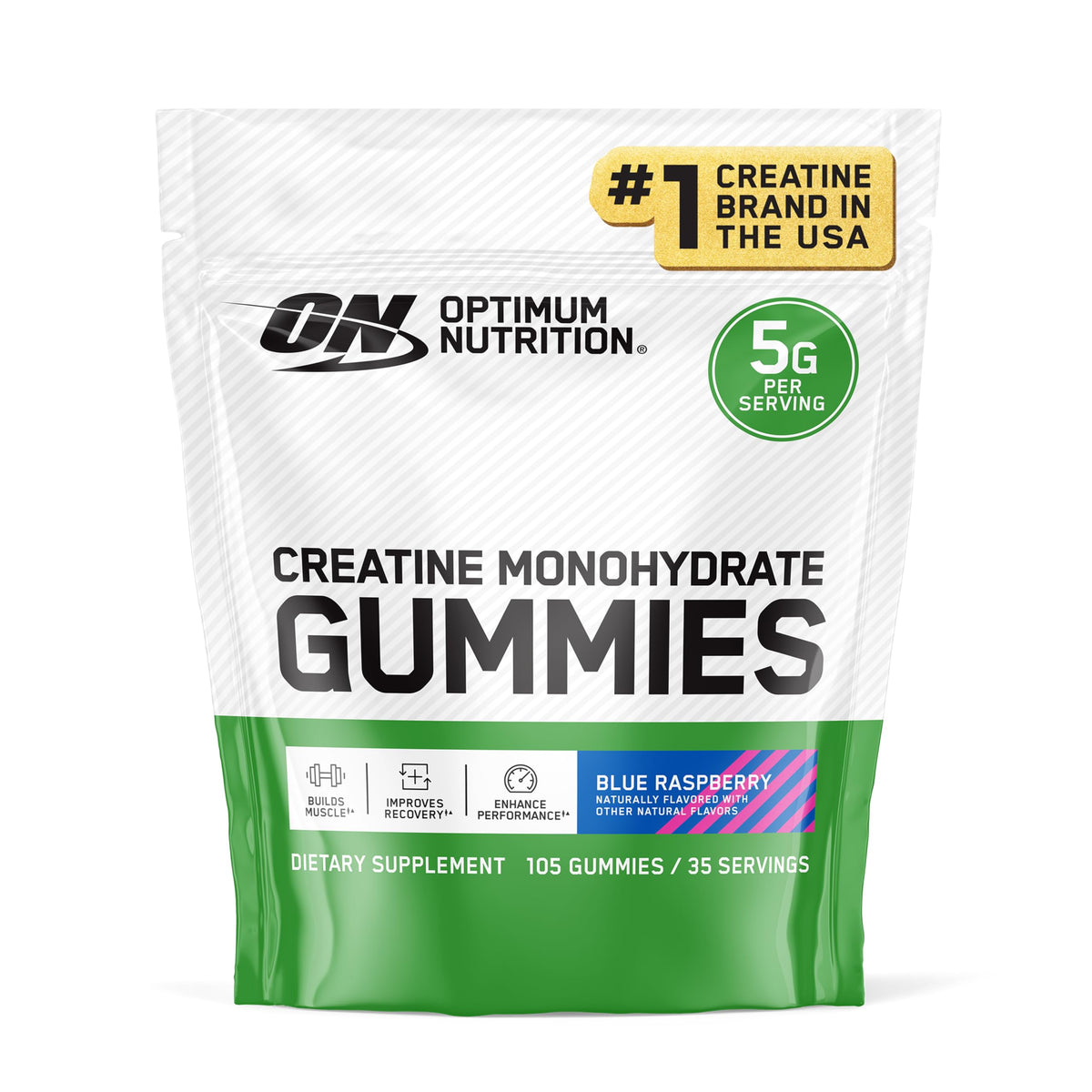 Optimum Nutrition frente del envase mostrando 105 unidades y beneficio conveniencia