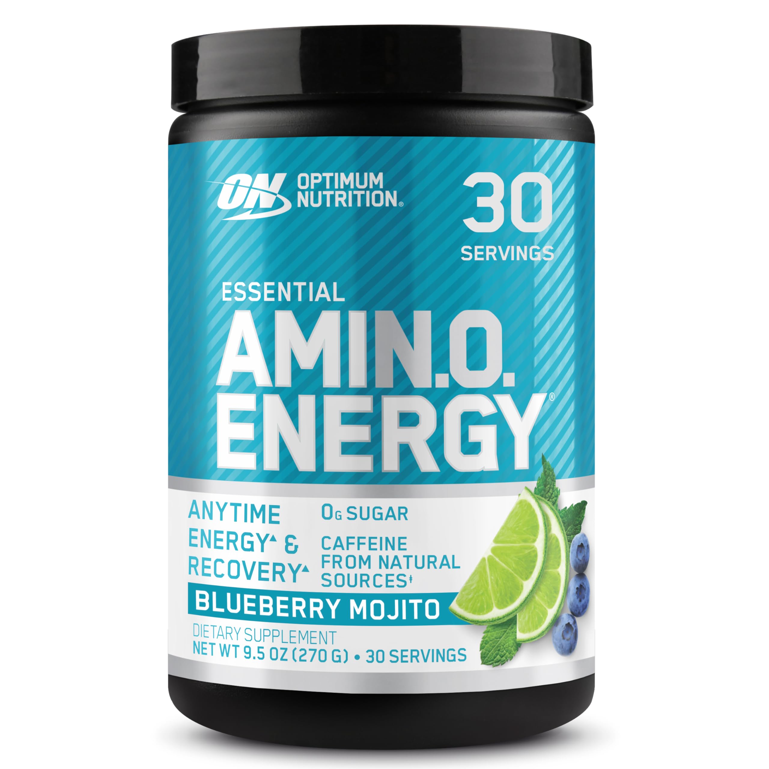 Optimum Nutrition envase frontal mostrando sabor Blueberry Mojito y beneficios energéticos