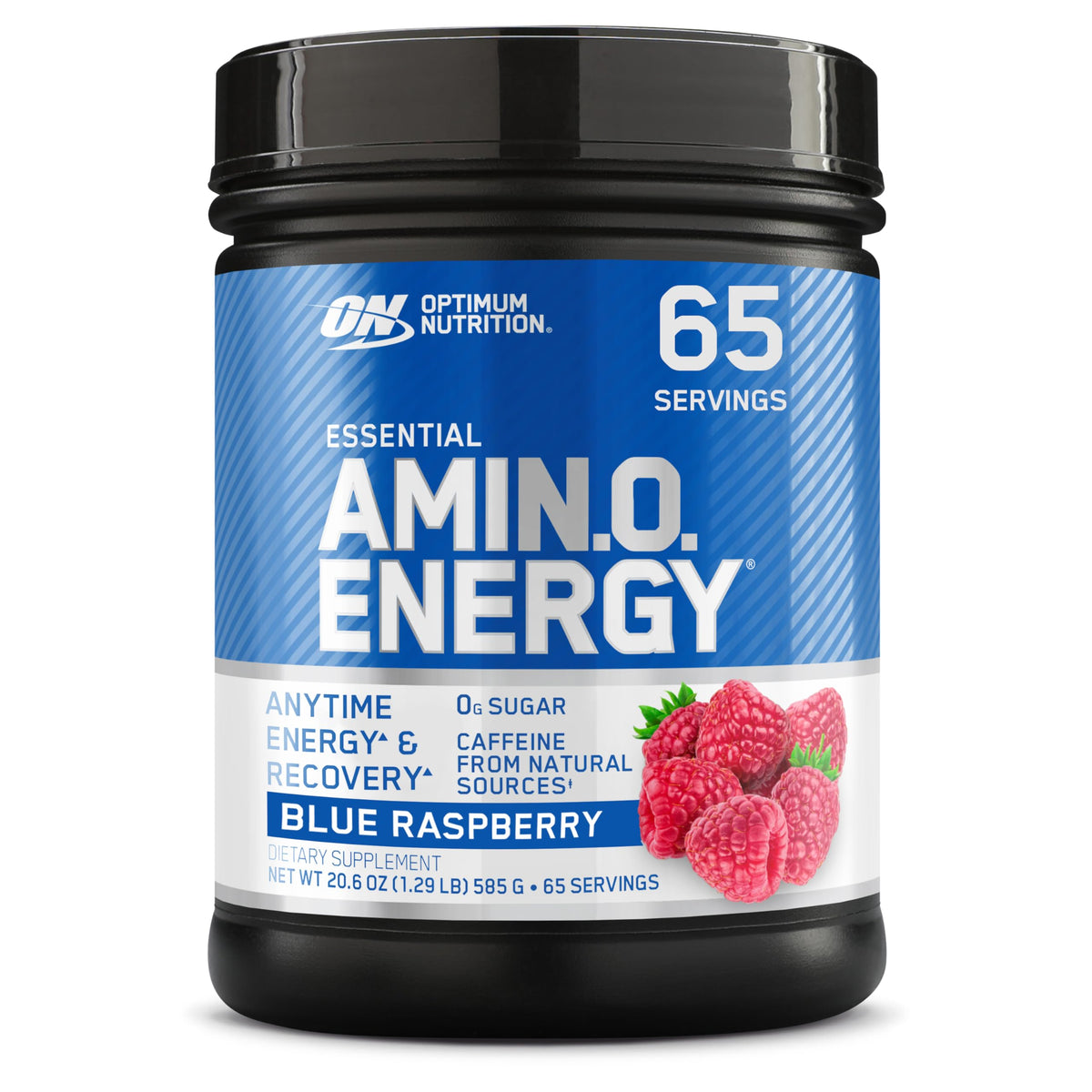 Optimum Nutrition frente del envase mostrando el sabor blue raspberry y beneficios