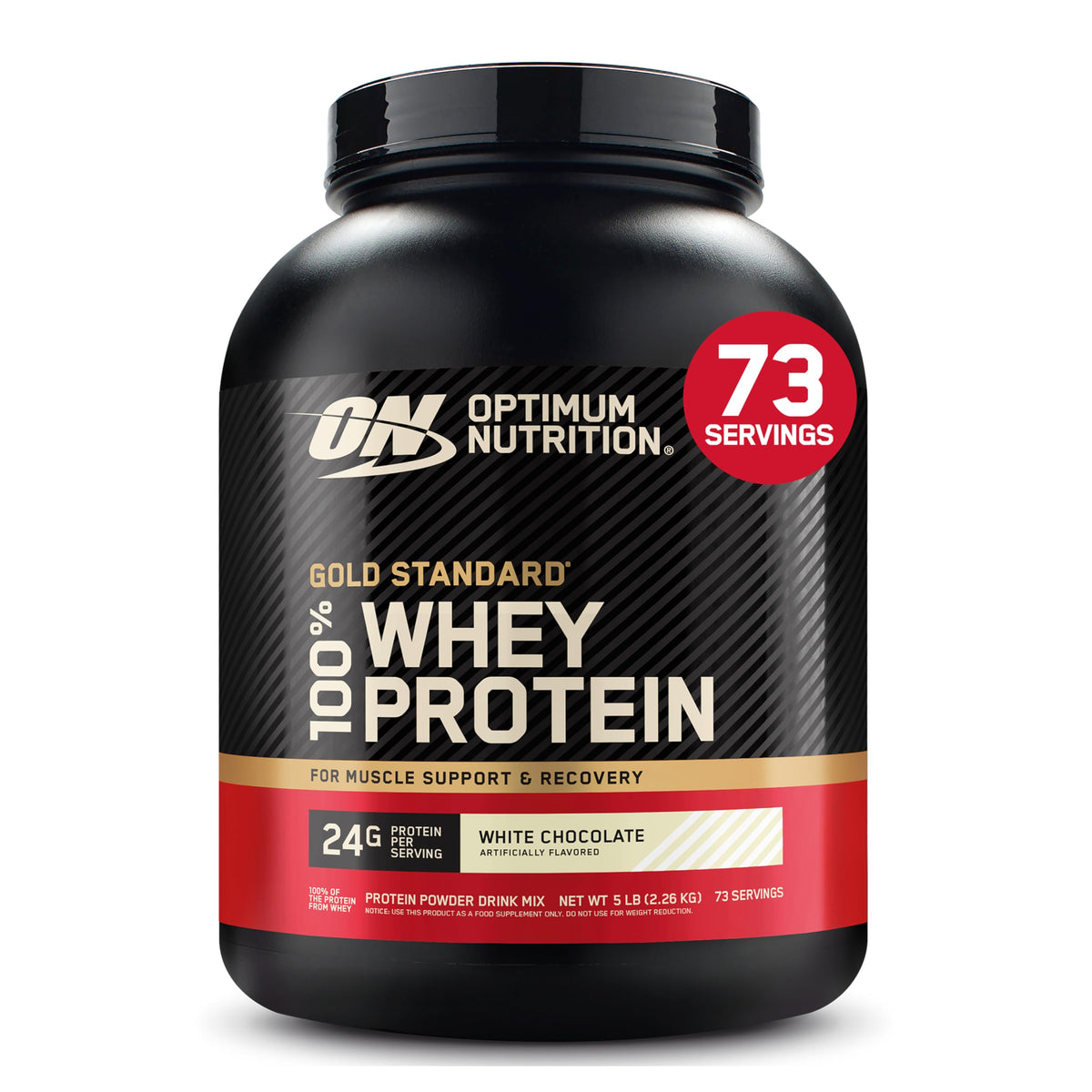 Optimum Nutrition frente del envase mostrando sabor chocolate blanco y beneficio recuperación