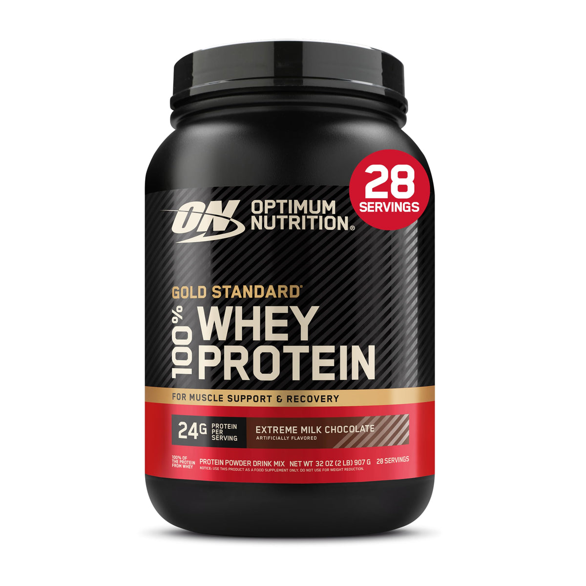 Optimum Nutrition envase frontal chocolate con alto aporte proteico