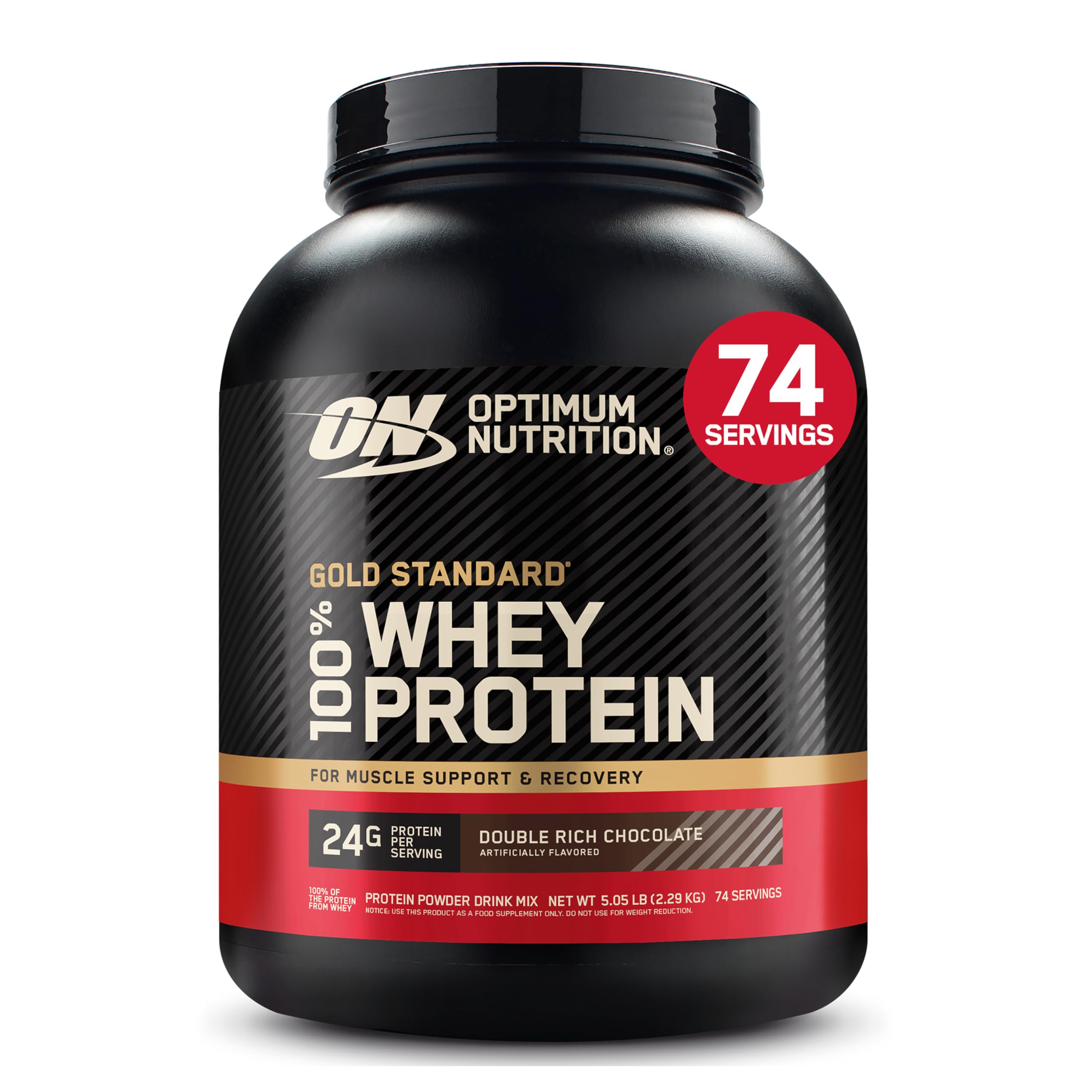 Optimum Nutrition envase frontal Double Rich Chocolate mostrando tamaño y marca