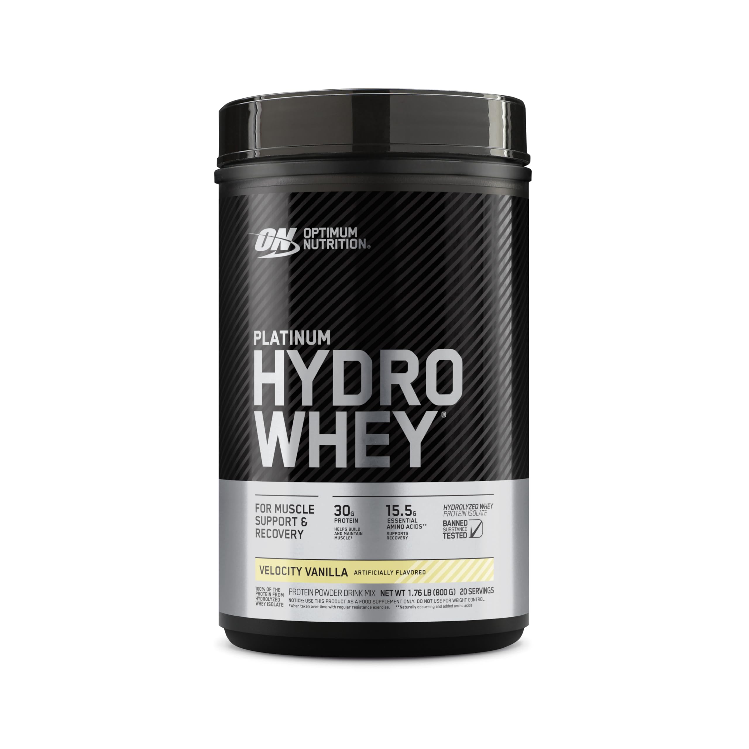 Optimum Nutrition frente del envase Velocity Vanilla mostrando presentación y beneficio de pureza