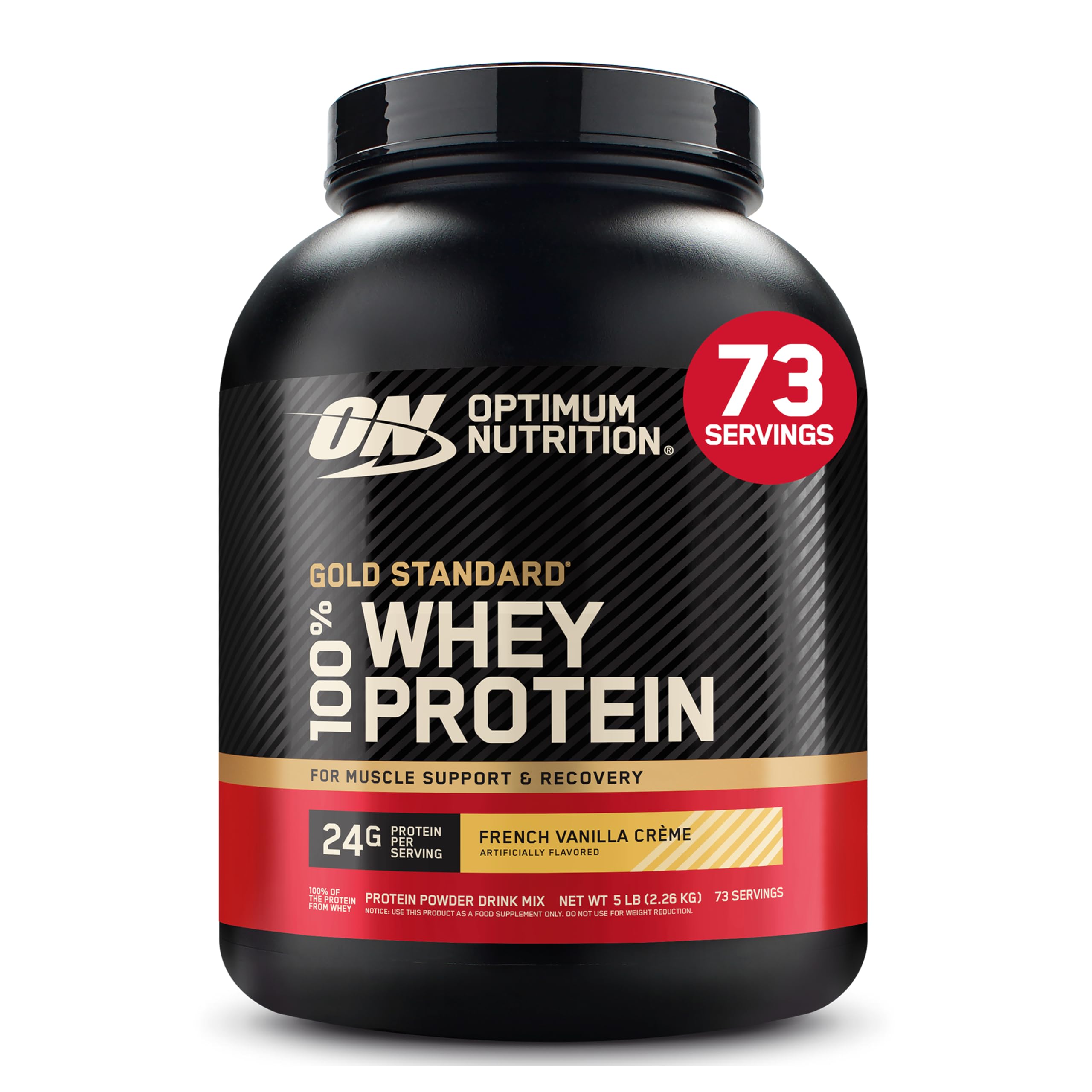 Optimum Nutrition frasco frontal mostrando diseño y peso, confianza y calidad
