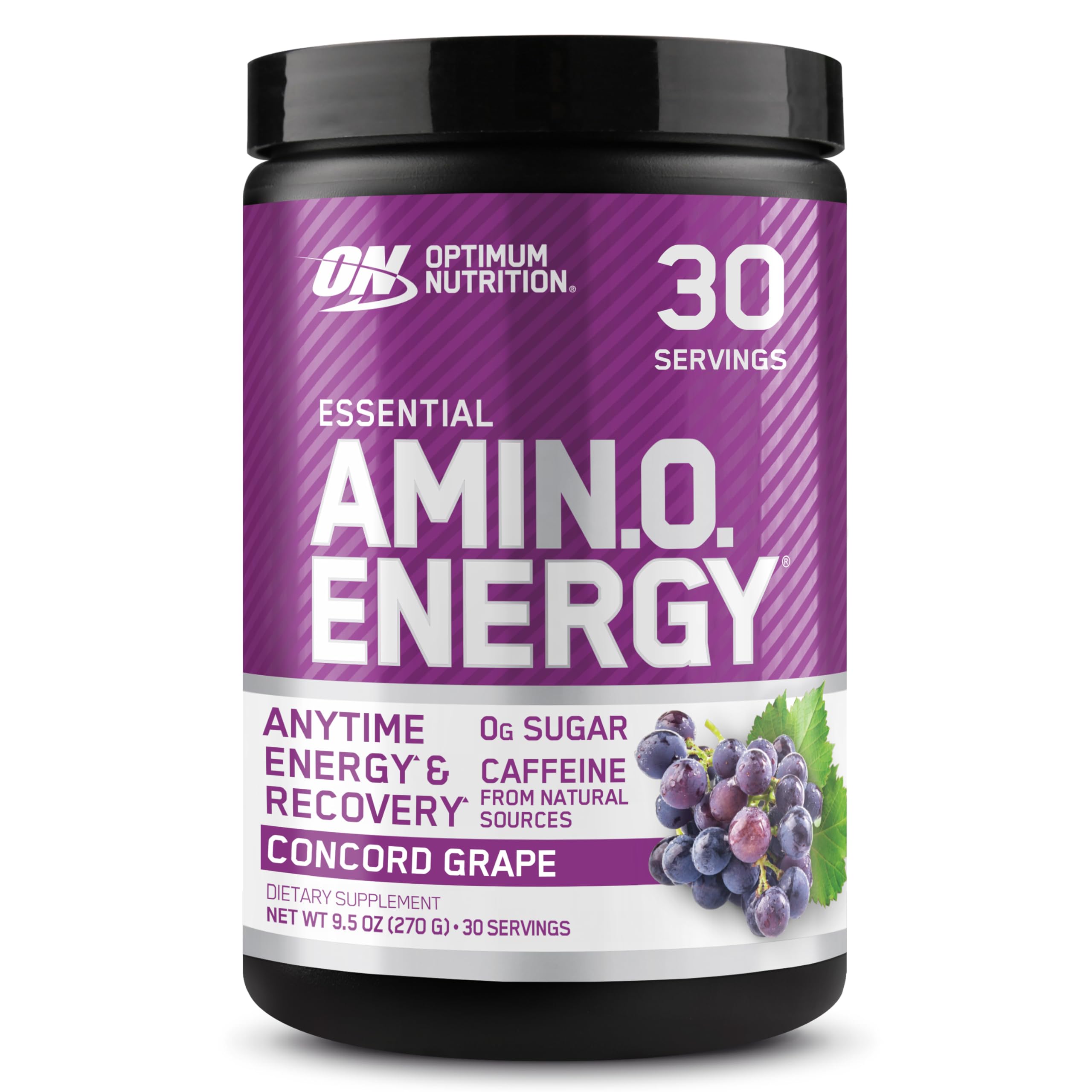 Optimum Nutrition frasco frontal sabor Concord Grape mostrando diseño y beneficio energético
