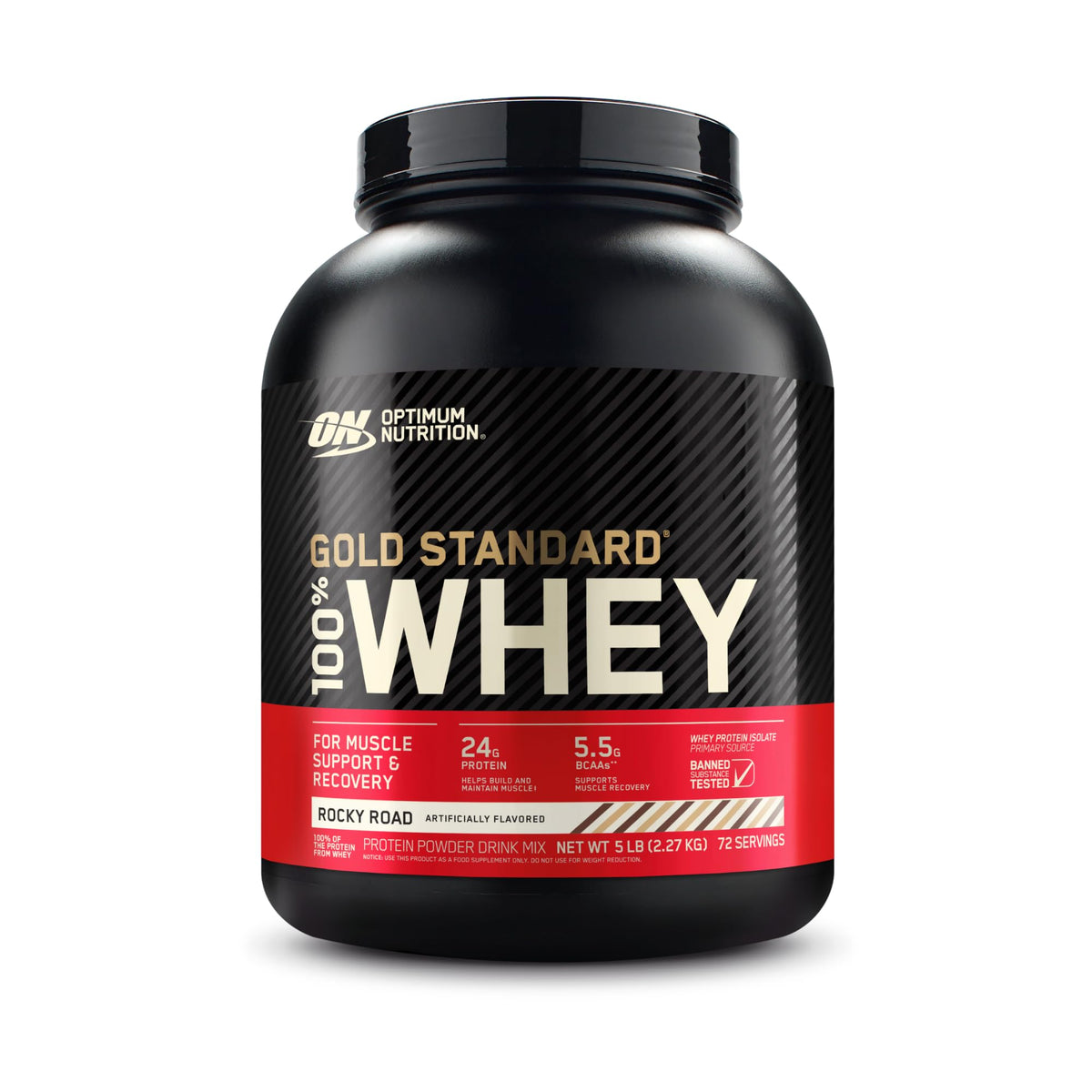 Optimum Nutrition frontal del envase Rocky Road mostrando diseño y ventaja de cantidad
