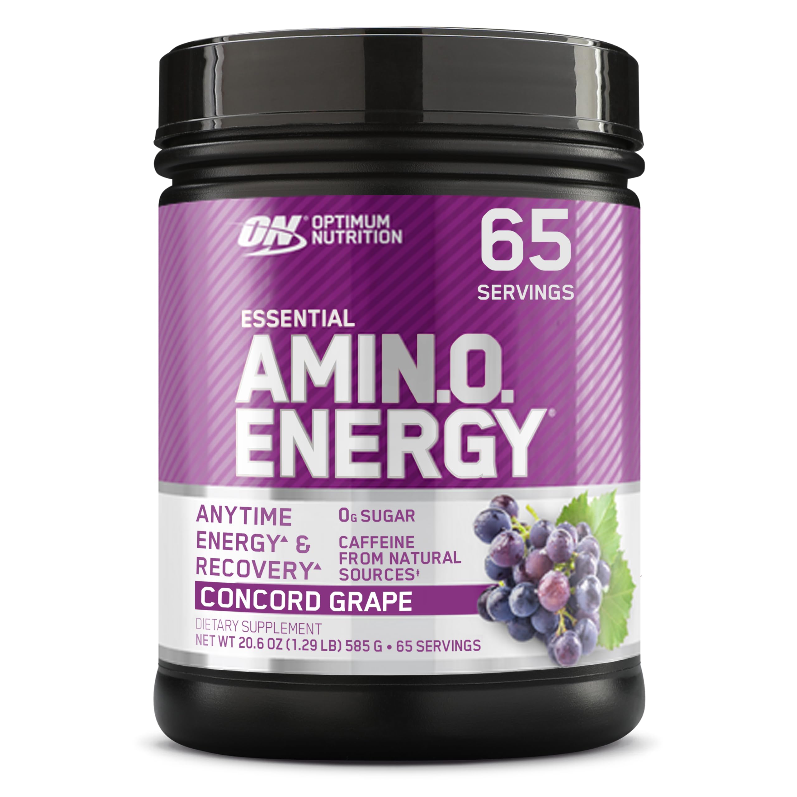 Optimum Nutrition envase frontal Concord Grape mostrando 65 servicios y beneficios