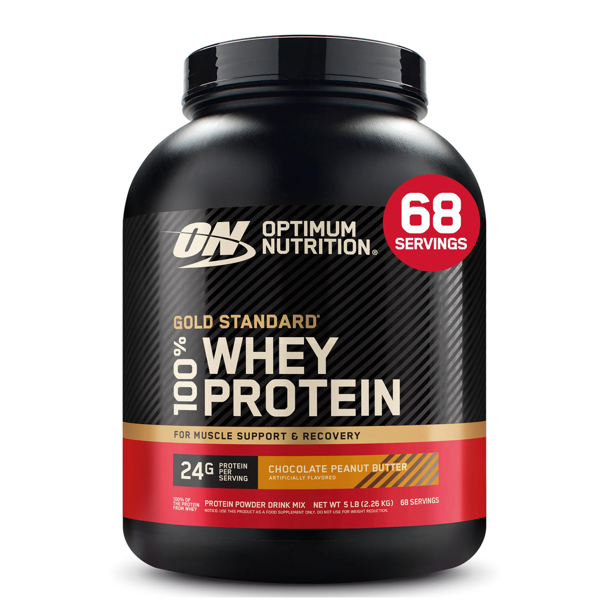 Optimum Nutrition envase frontal que muestra el sabor y beneficio proteico