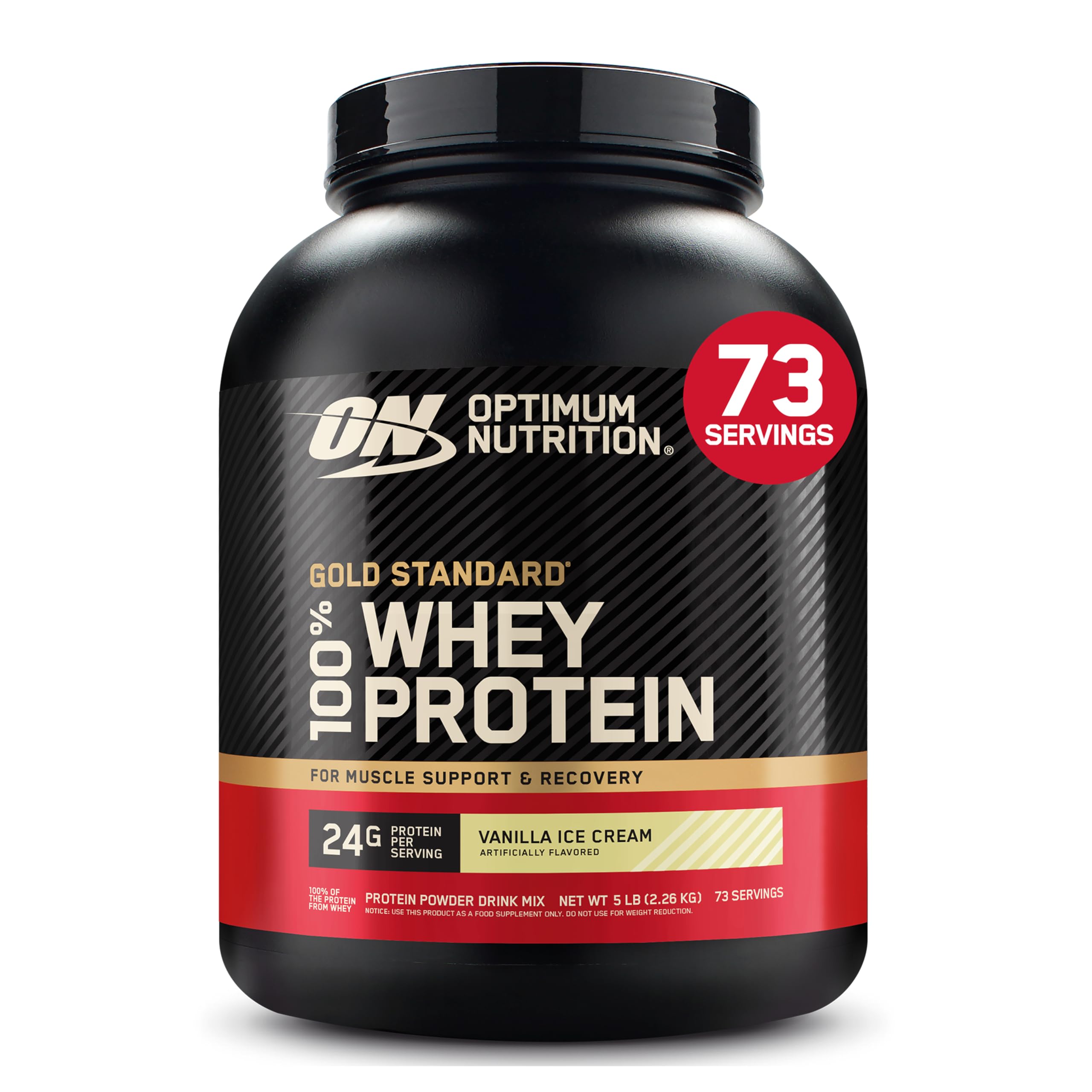 Optimum Nutrition envase frontal mostrando 5 libras y sabor vainilla