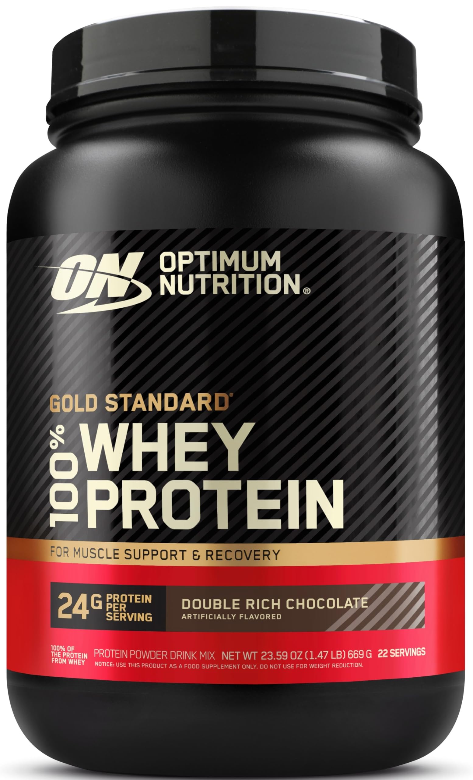 Optimum Nutrition envase frontal mostrando marca y sabor Double Rich Chocolate