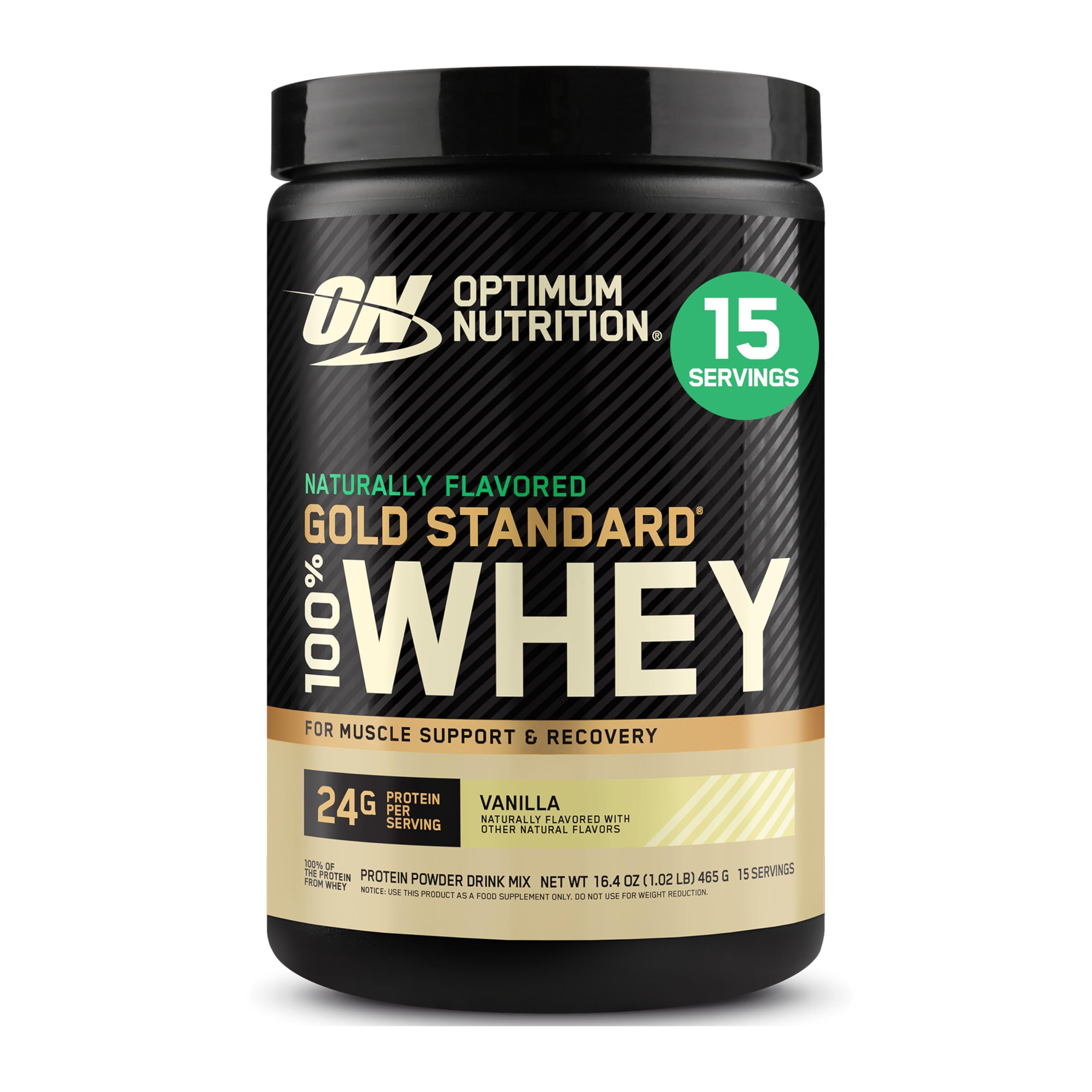Optimum Nutrition vista frontal del envase mostrando marca y sabor, confianza instantánea