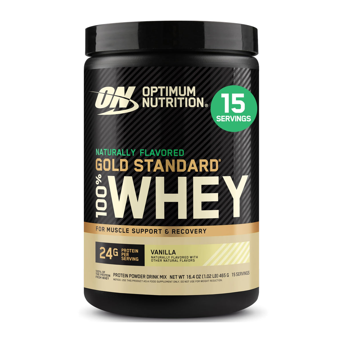 Optimum Nutrition vista frontal del envase mostrando marca y sabor, confianza instantánea