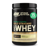Optimum Nutrition vista frontal del envase mostrando marca y sabor, confianza instantánea