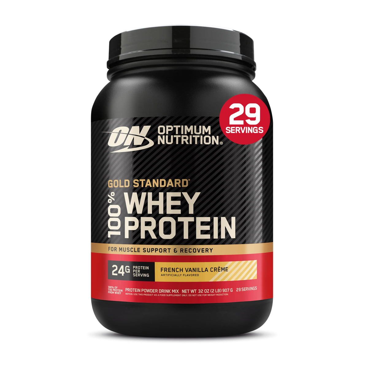 Optimum Nutrition frasco frontal mostrando diseño y sabor French Vanilla Creme