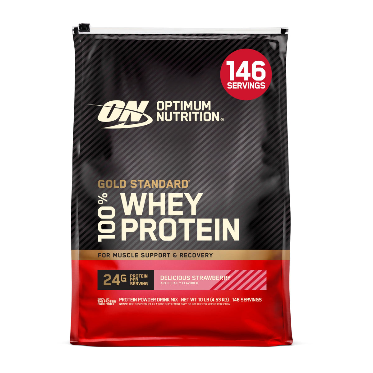 Optimum Nutrition vista frontal del envase mostrando identidad y fácil reconocimiento