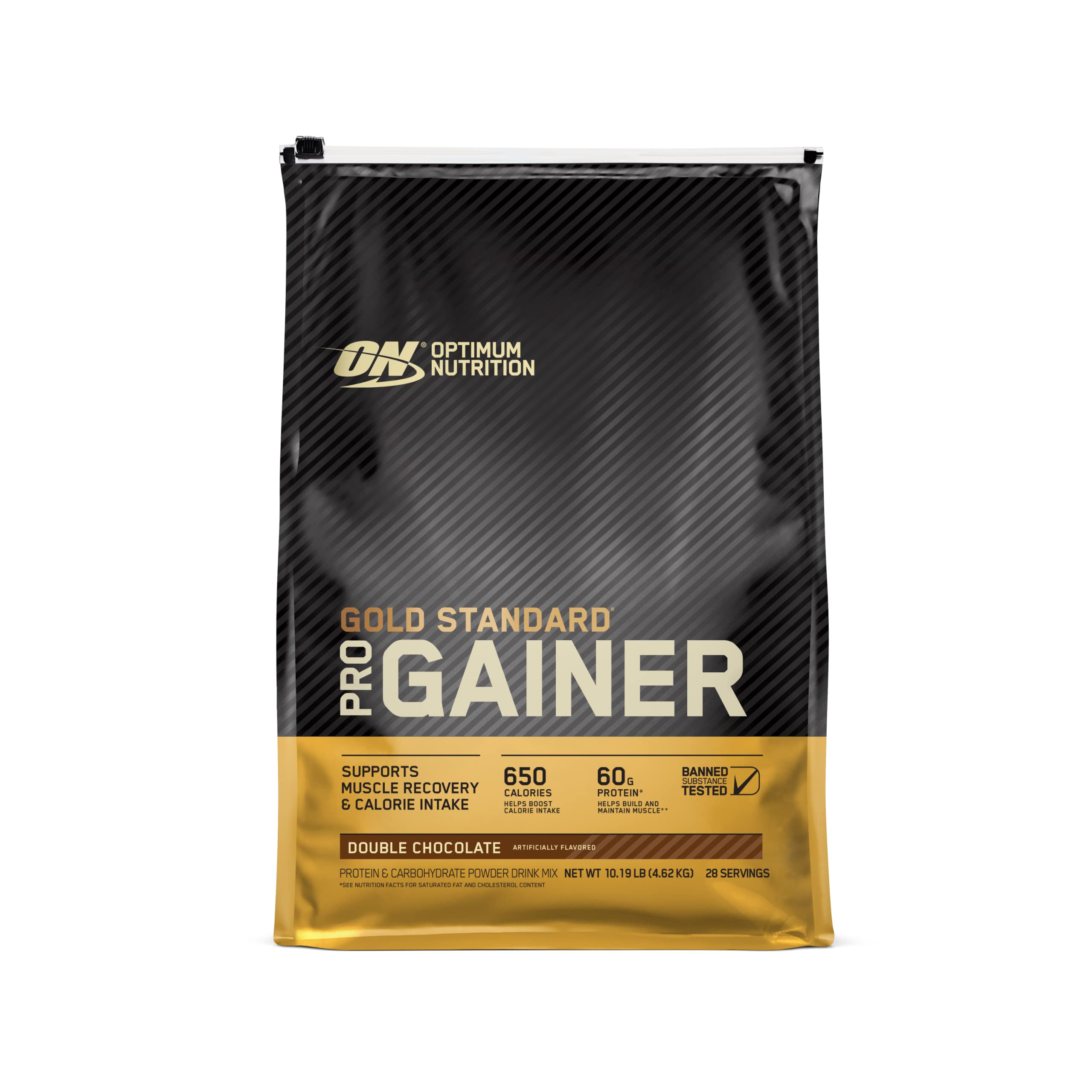 Optimum Nutrition bote frontal mostrando el sabor Double Chocolate y beneficios